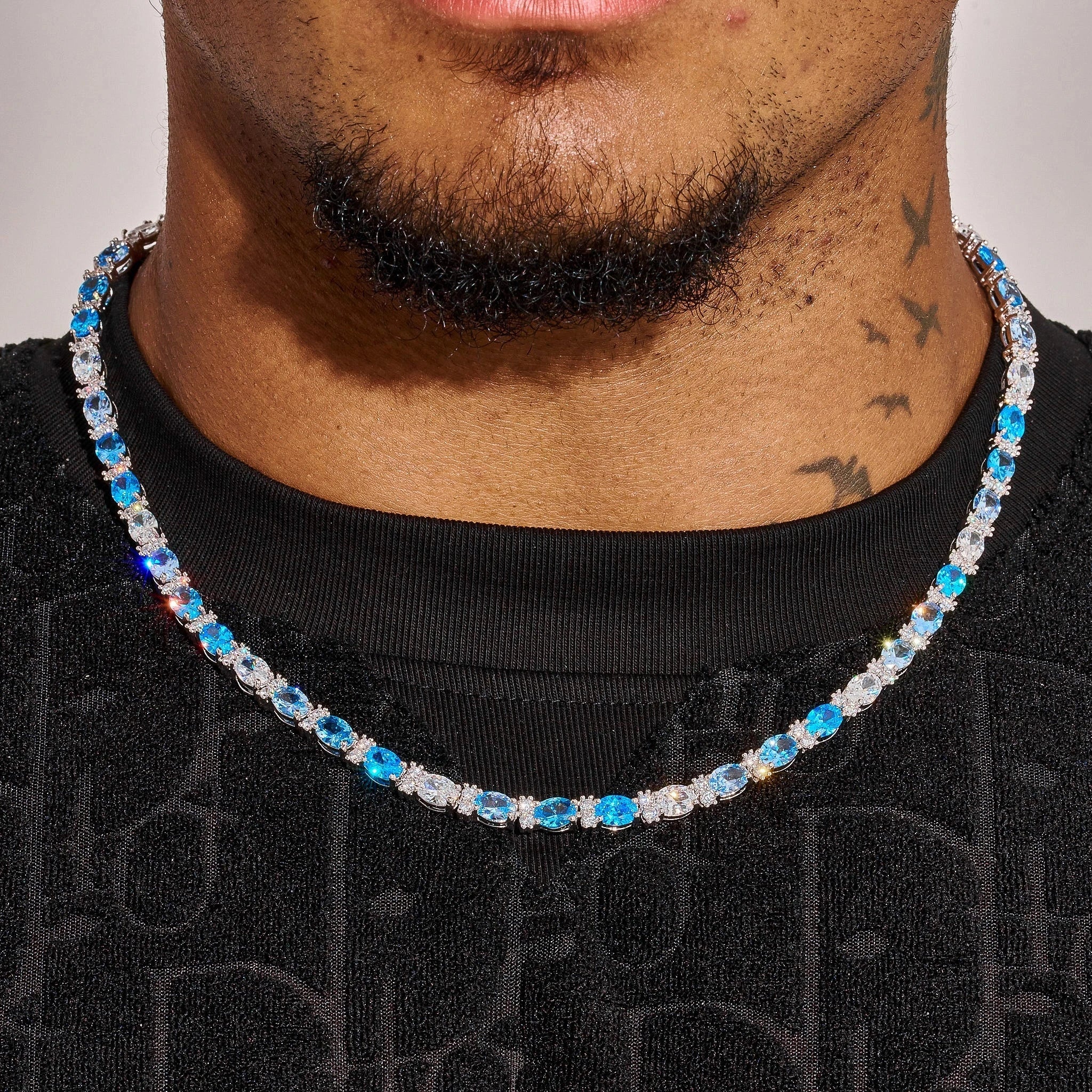 5MM Moissanite Blue Ovals Tennis Chain - 925 Silver - D Colour - VVS1