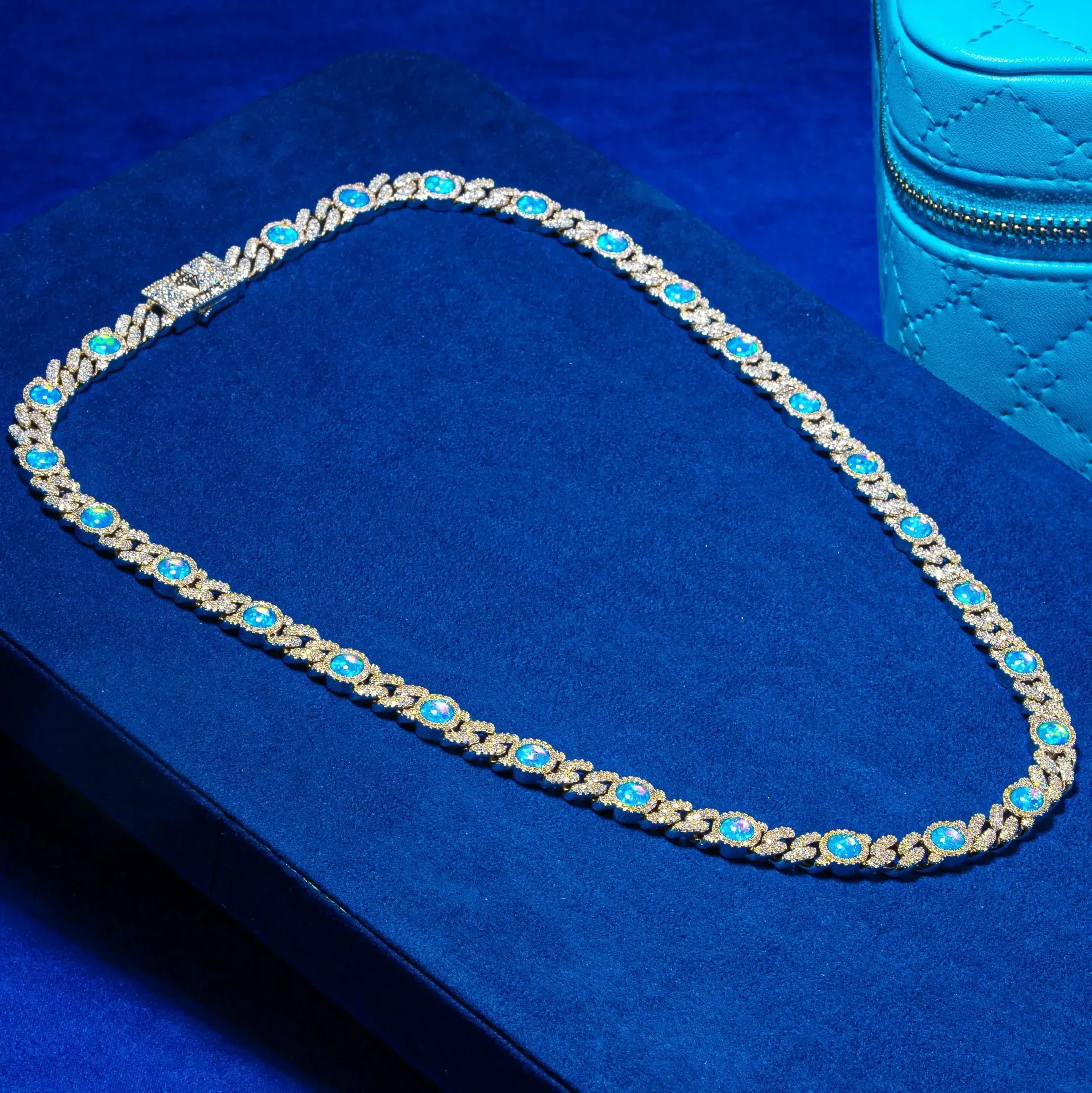 8MM Blue Moissanite Opal Classic Cuban Chain - 925 Silver - D Colour - VVS1