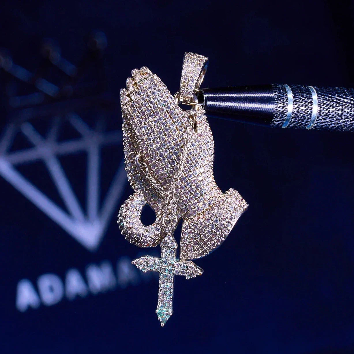 Moissanite Iced Praying Hands Pendant - 925 Silver - D Colour - VVS1