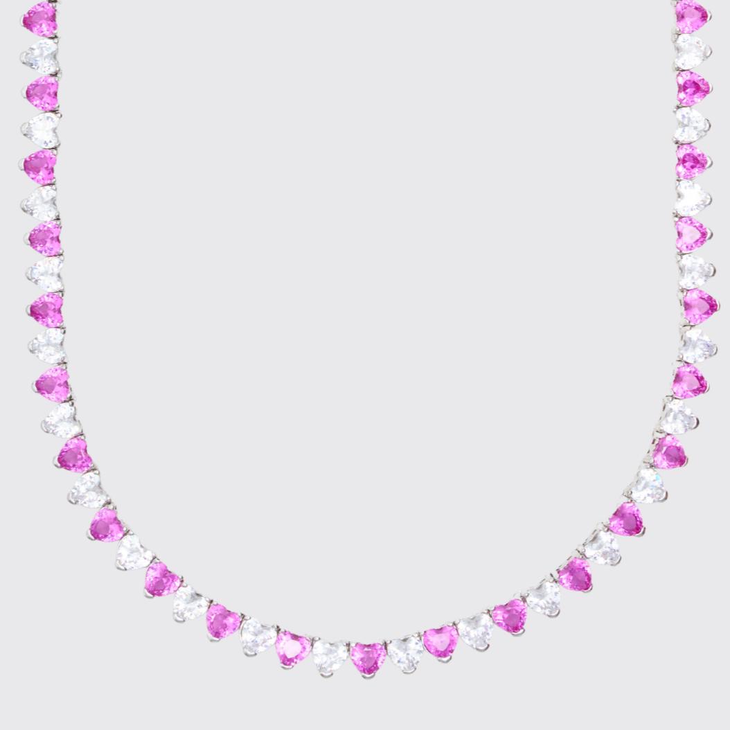 5mm Moissanite White & Pink Heart Cut Tennis Chain - 925 Silver - D Colour - VVS1