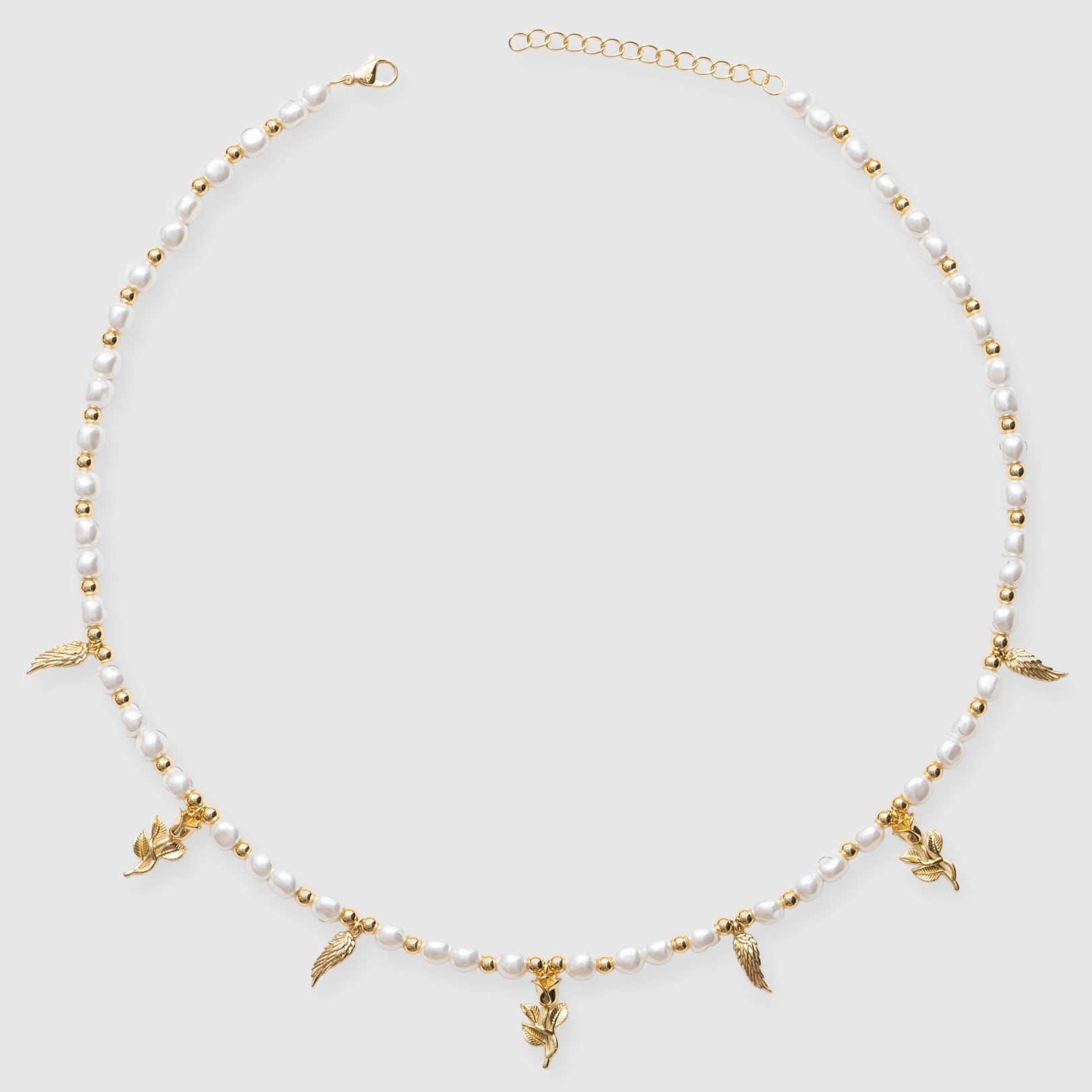 Wings & Roses Beaded Pearl Necklace - Gold