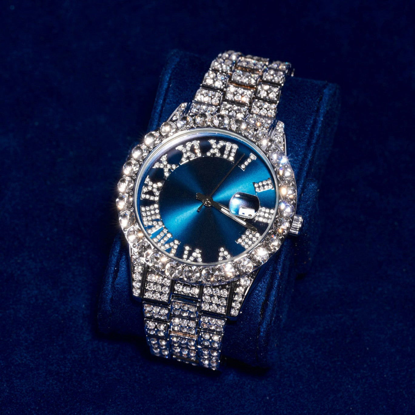 Sapphire Numeral Dial Diamond Simulant Watch - Silver