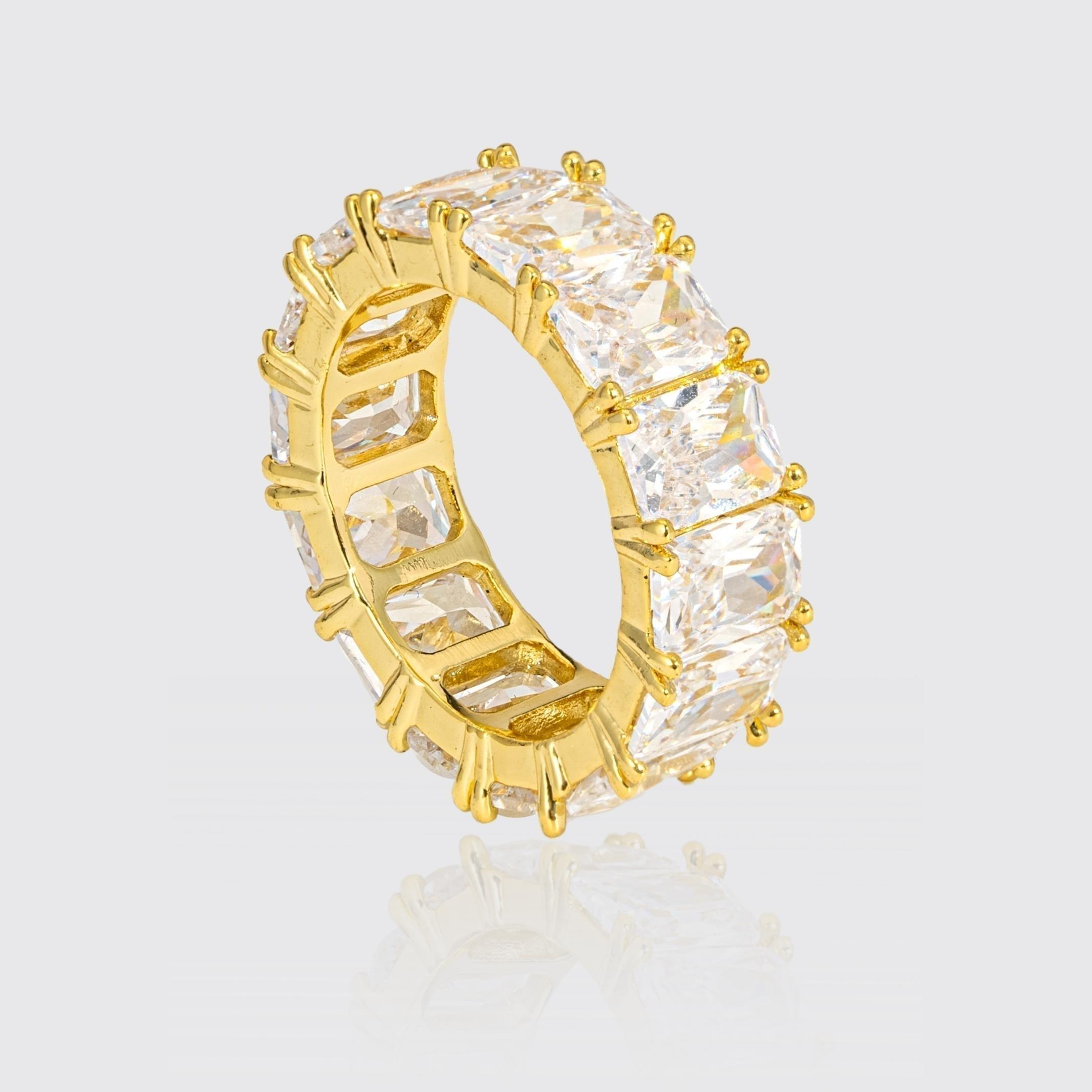 Rose gold baguette ring with large diamond simulant stones and 18K gold plating