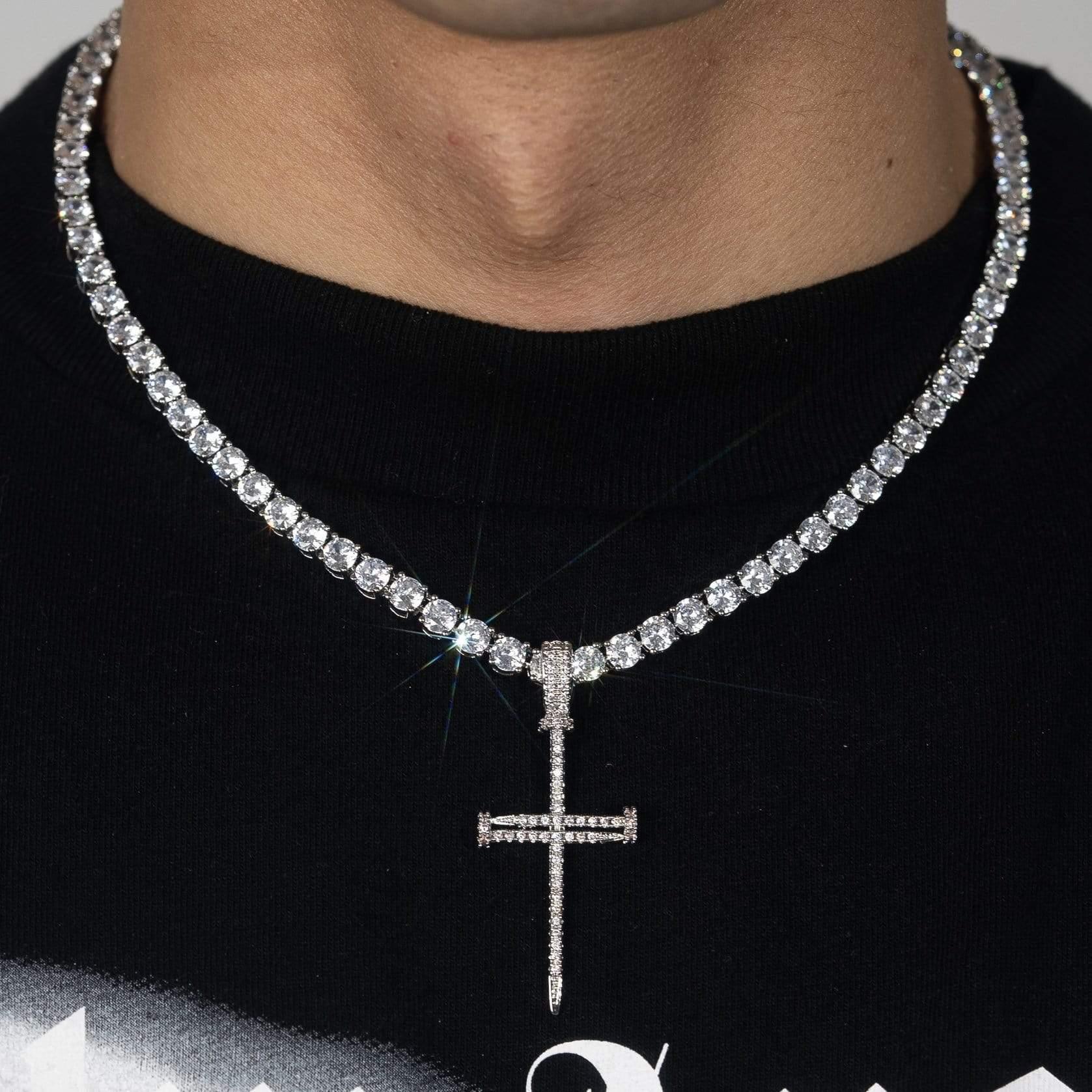 Diamond Nail Cross Pendant - White Gold