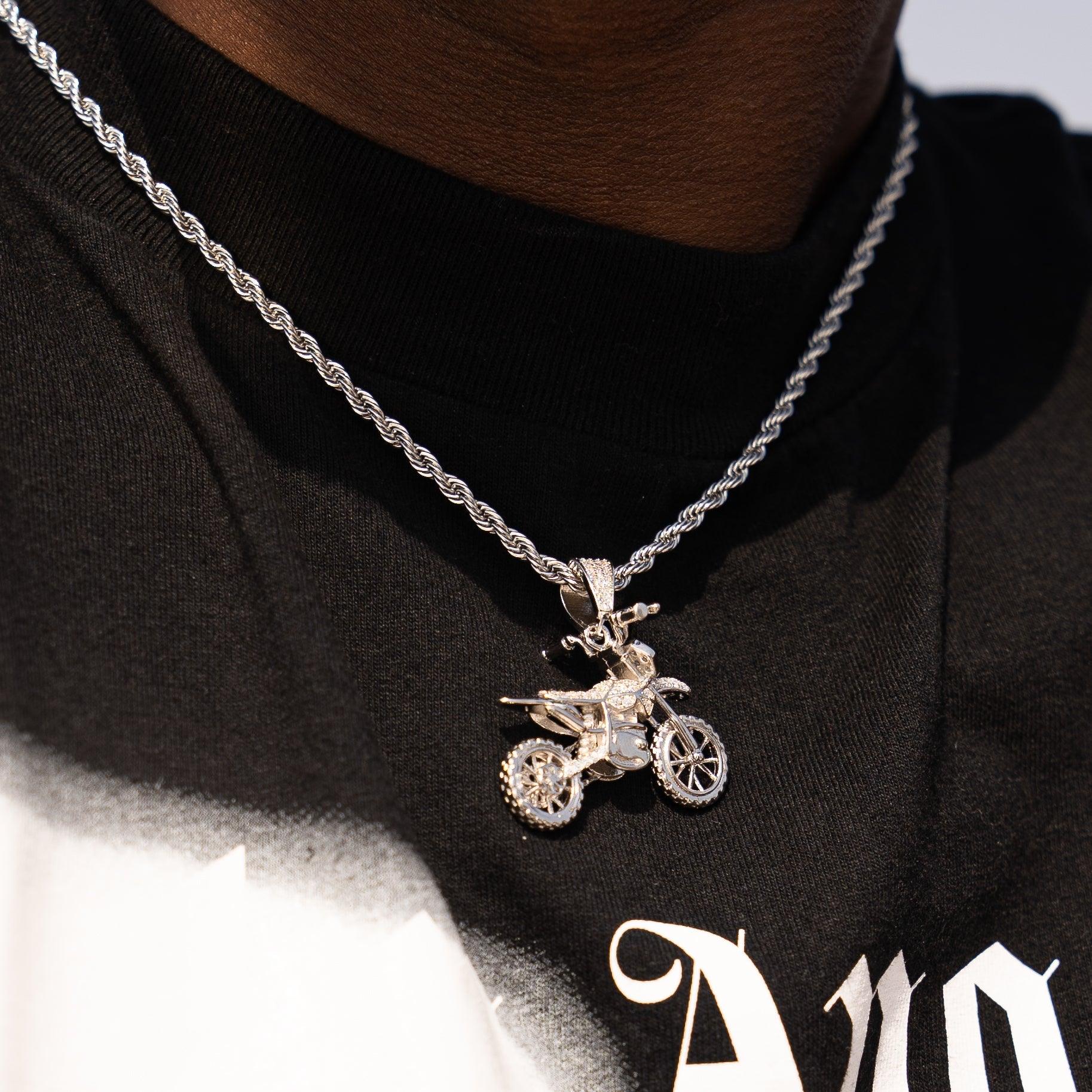 Iced Bike Life Pendant in White Gold with Rope Chain, features flawless diamond simulants.