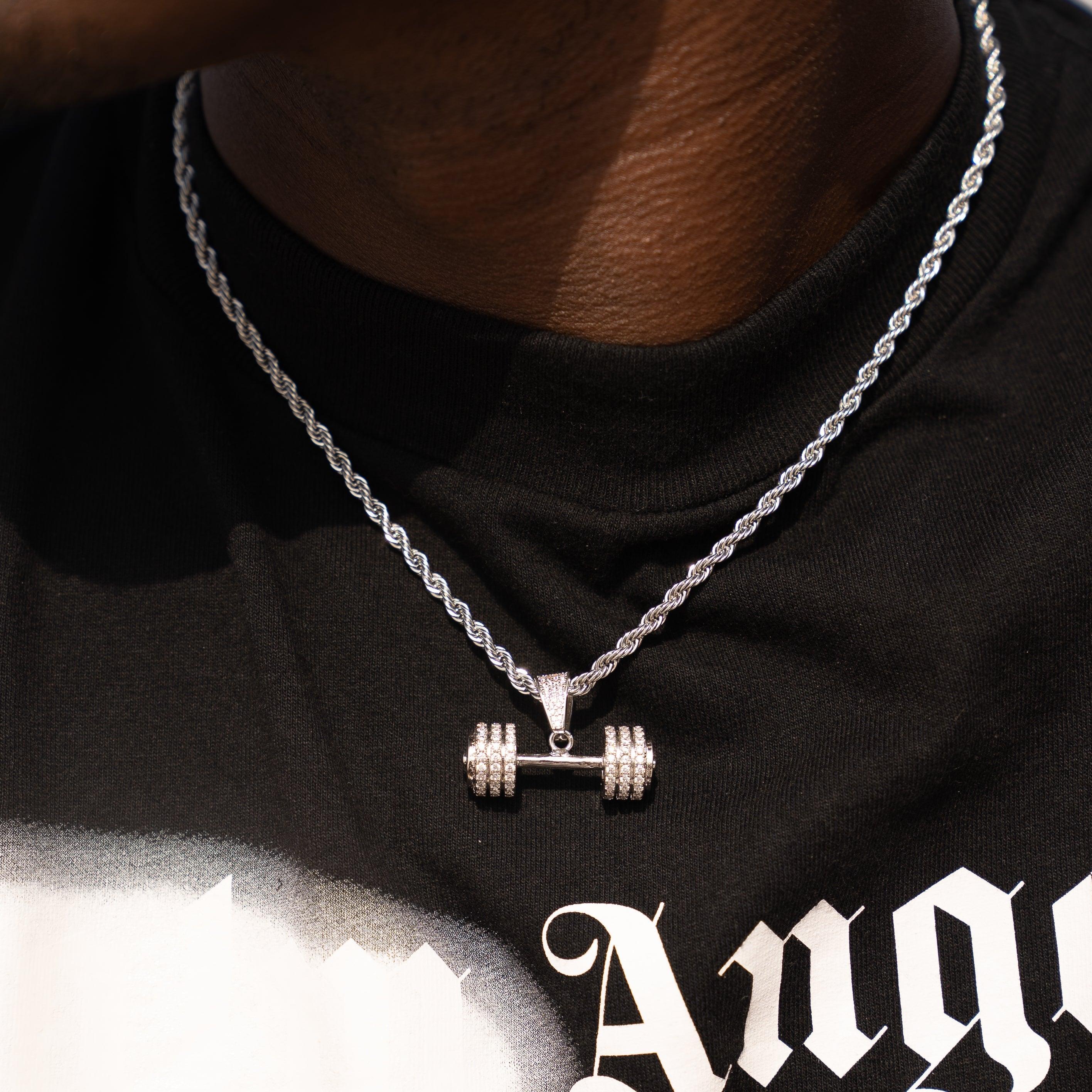 Iced Dumbbell Pendant - White Gold - Adamans