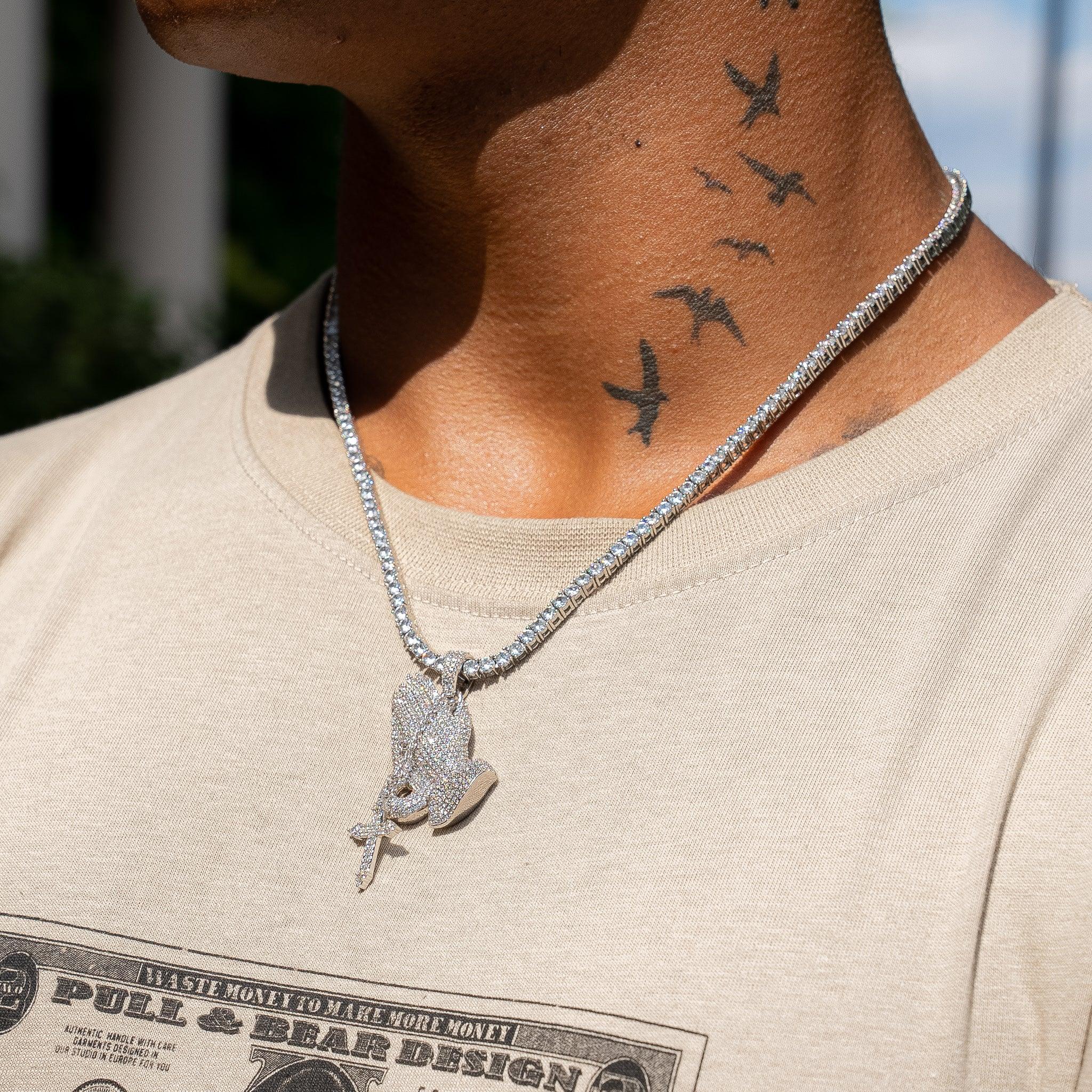 Iced Praying Hands Pendant - White Gold