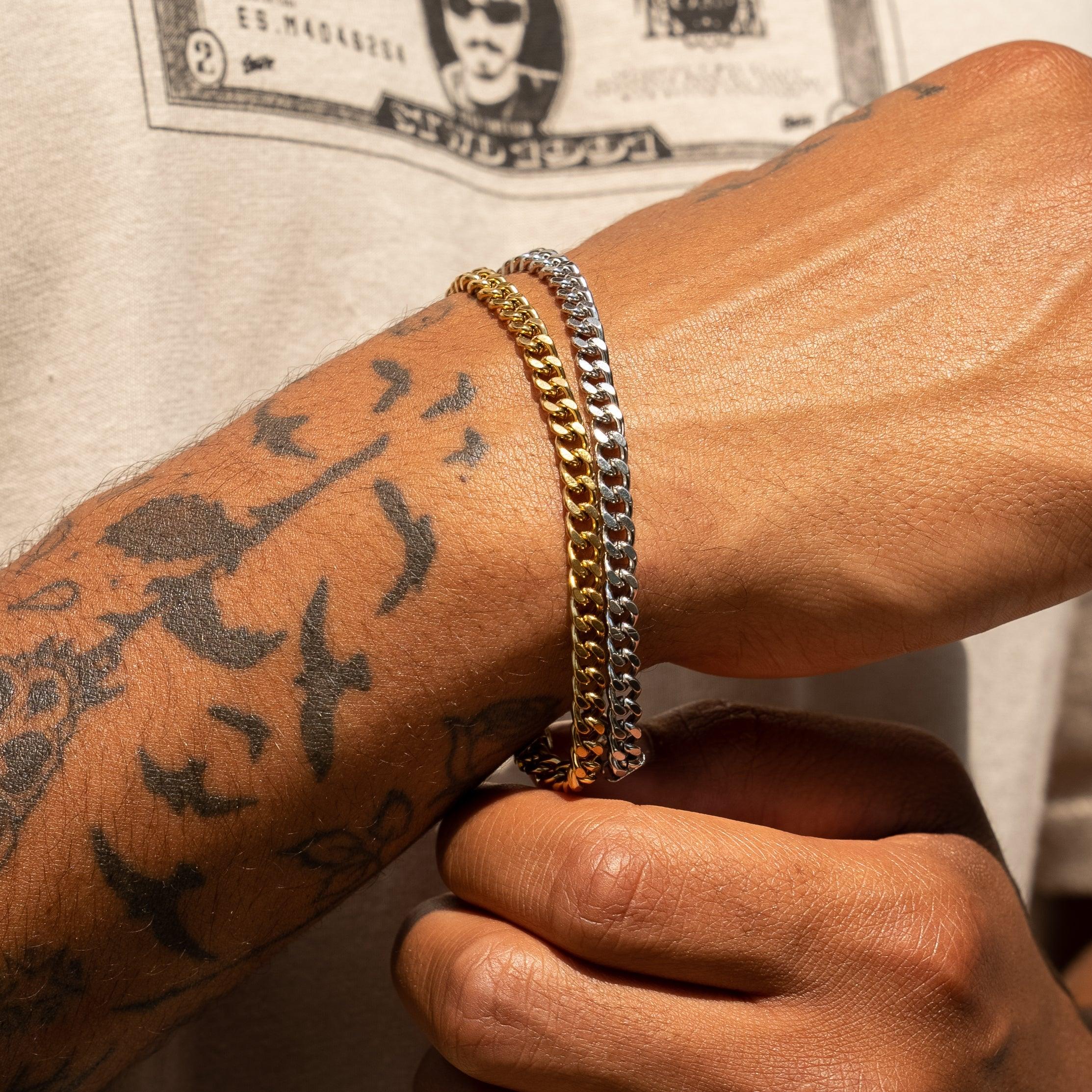 Micro Cuban Bracelet Bundle featuring gold and silver link designs on wrist.