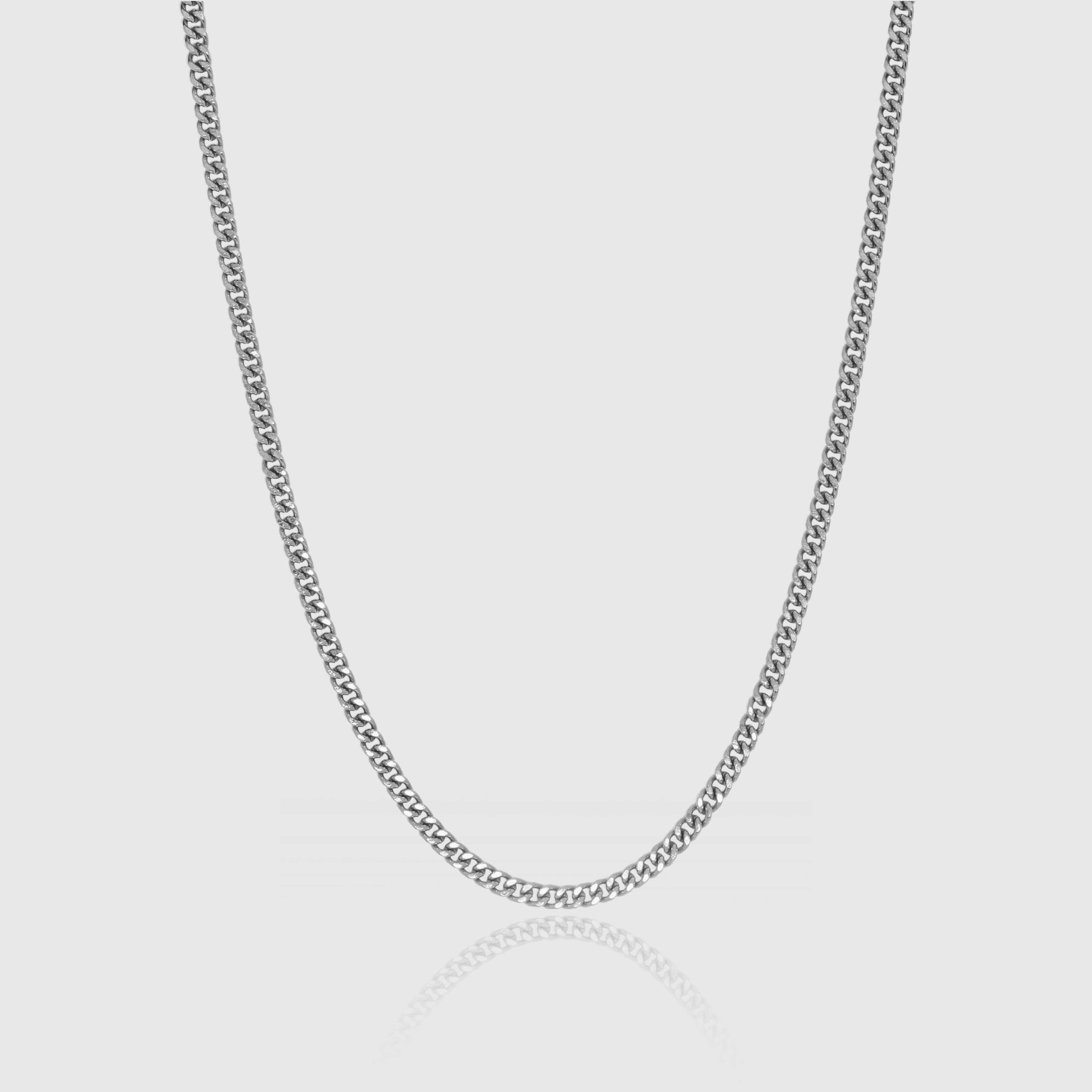 Micro Cuban Chain in white gold, 18K plated, sleek design, 3mm width.