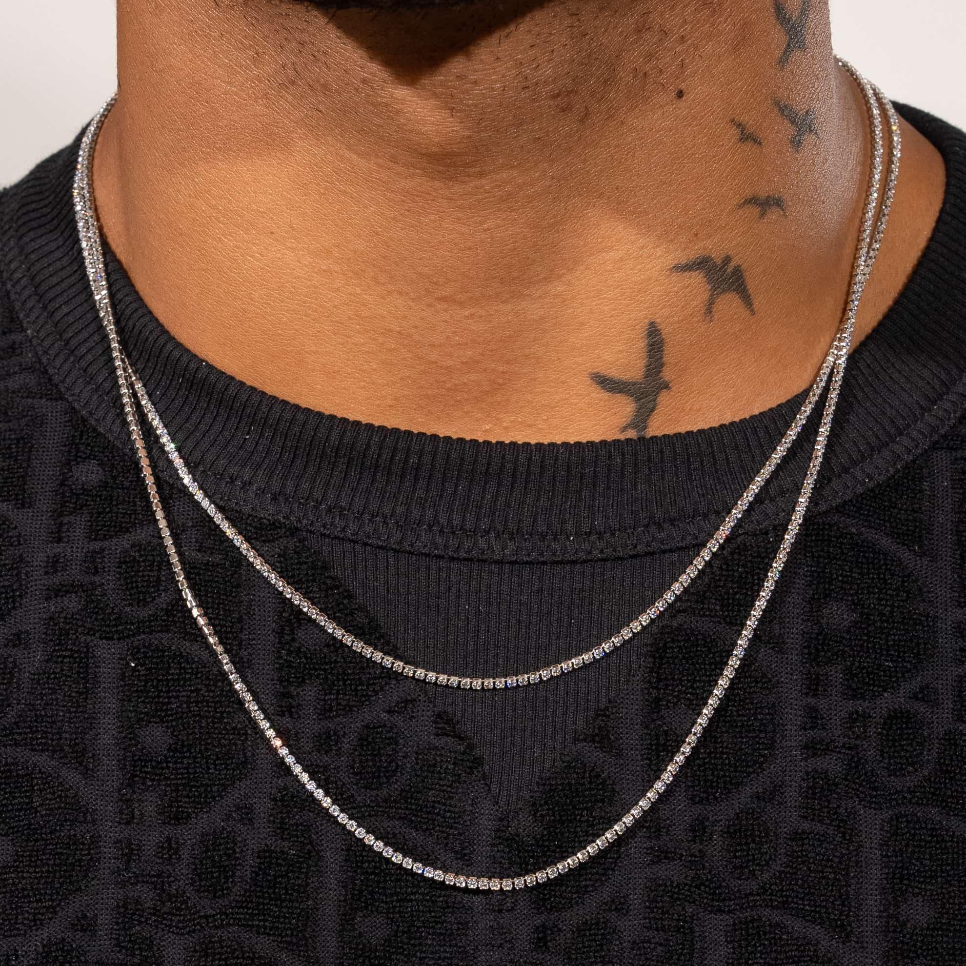 Lab Diamond Micro Tennis Chain in 925 Silver, D Colour, VVS1, worn with a black top.