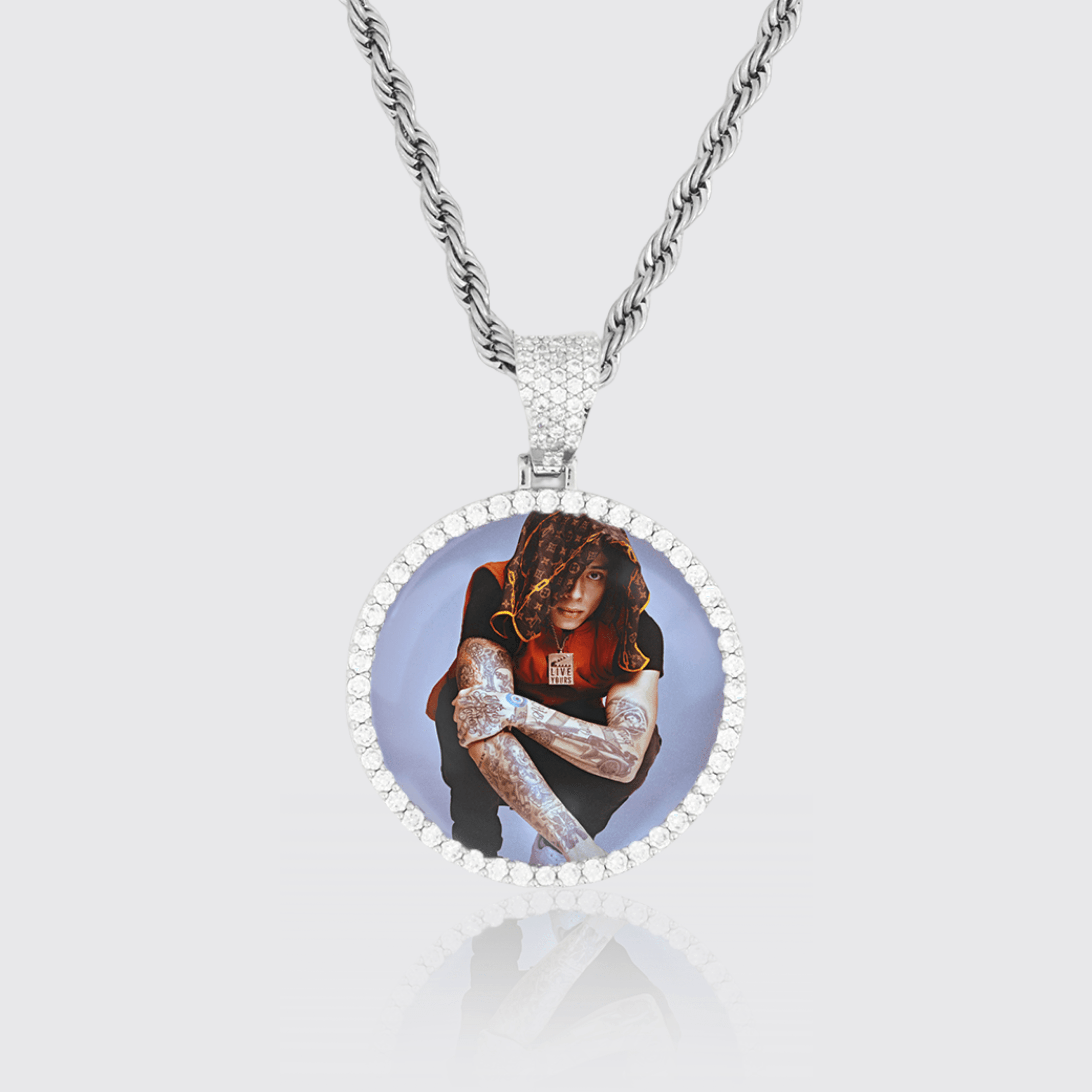 Single Row Custom Image Circle Pendant in 925 Silver with VS Diamond Simulants and Flooded Bail.