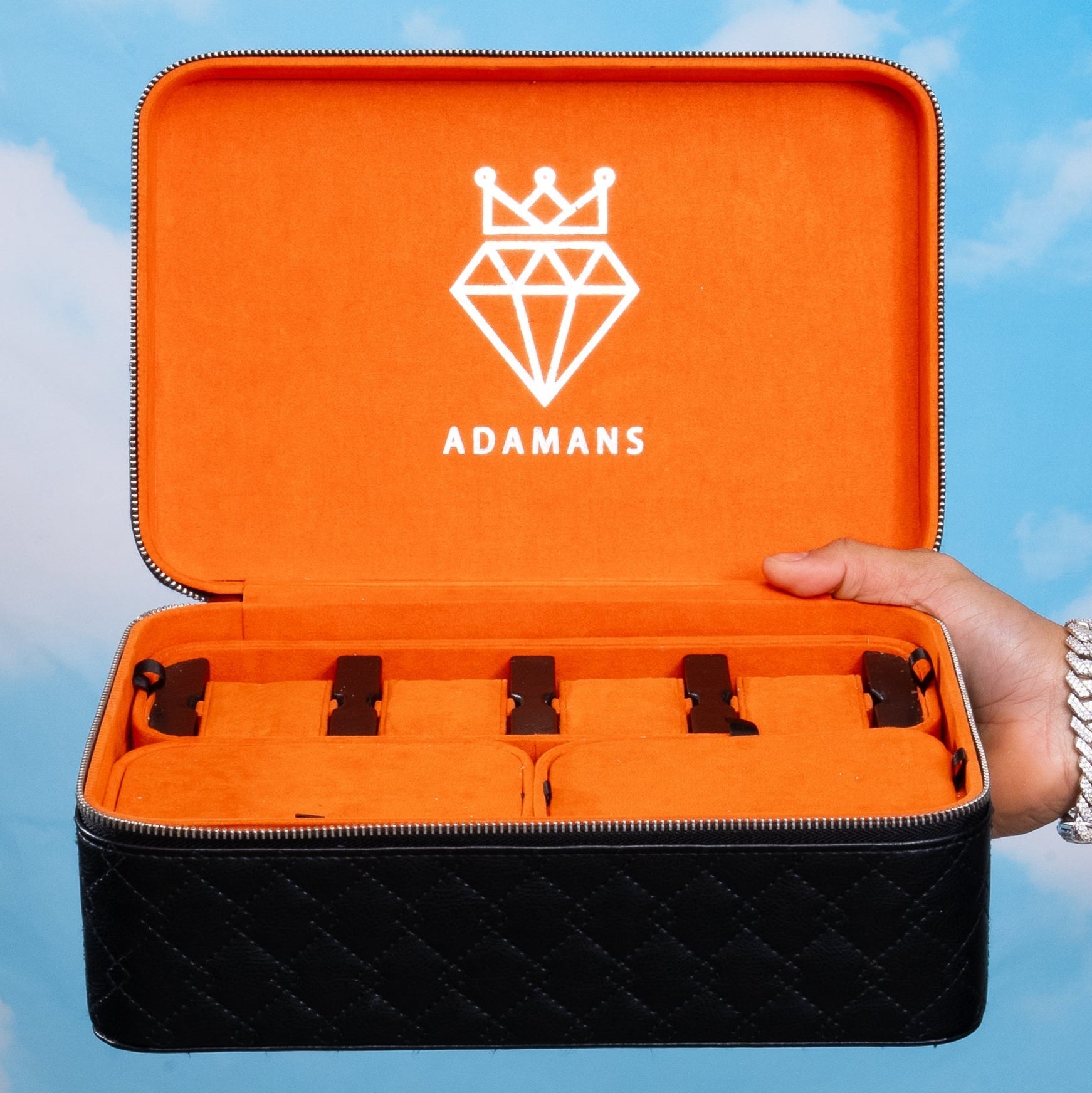 Leather Travel Jewelry Case - Jet Black & Orange