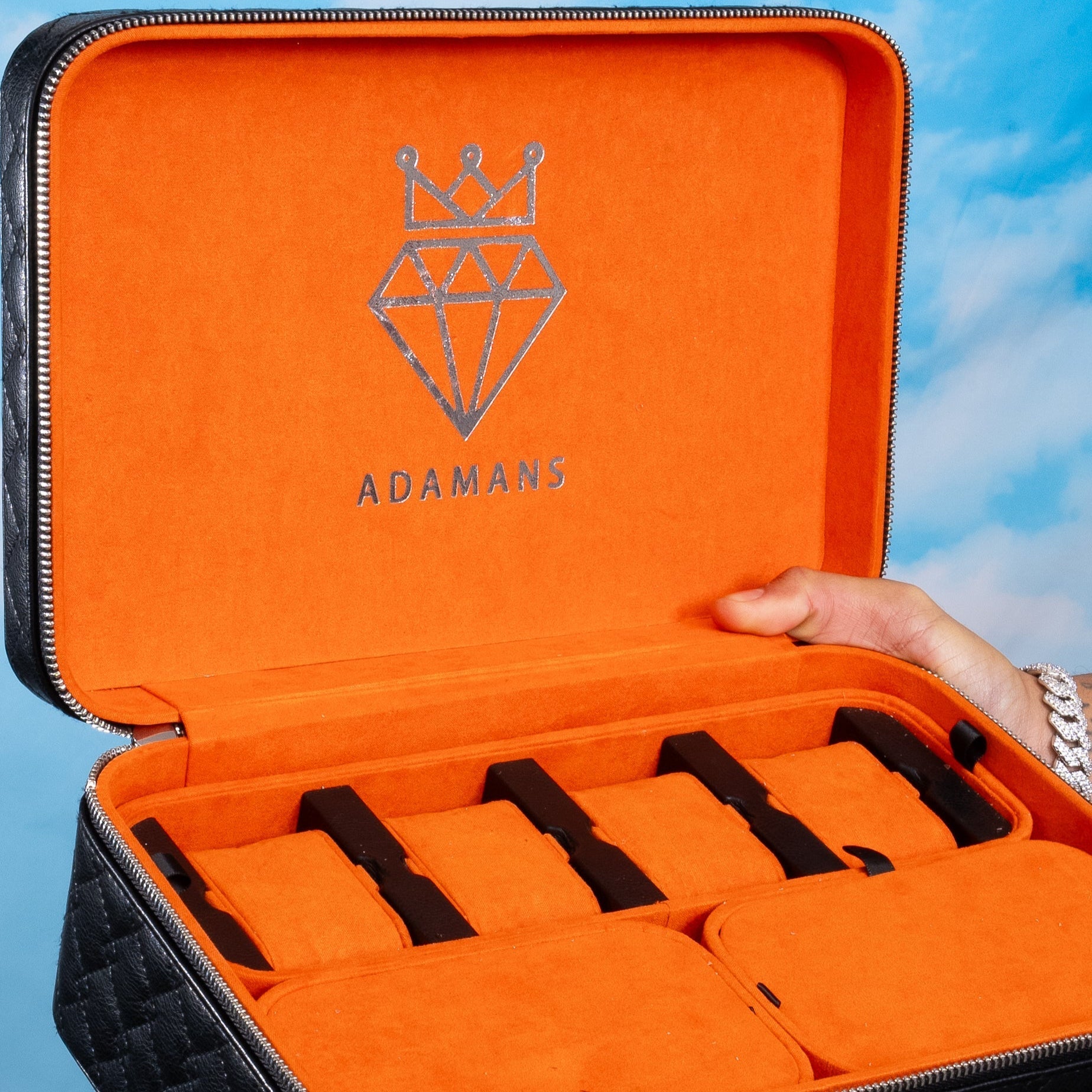 Leather Travel Jewelry Case - Jet Black & Orange