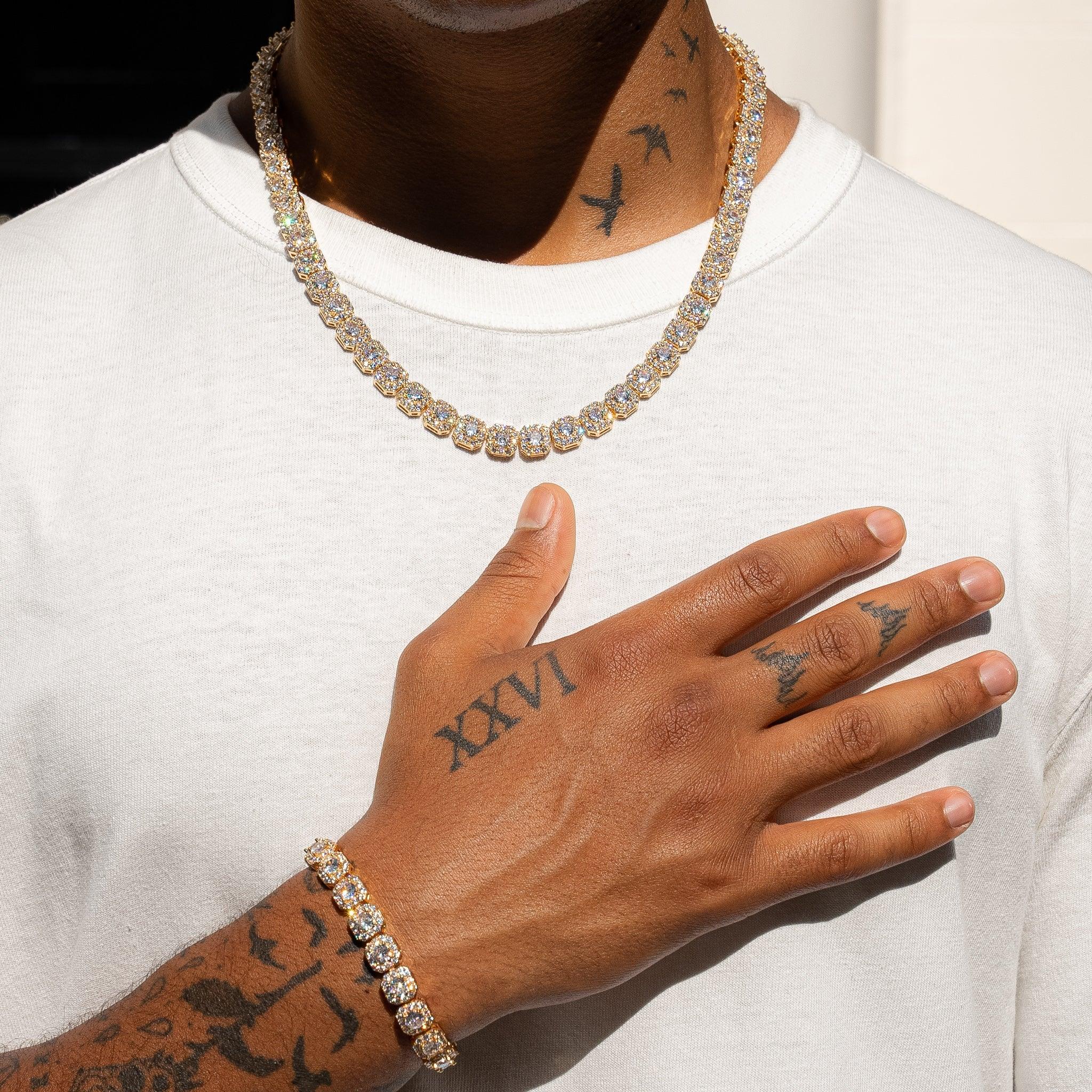 10mm Clustered Tennis Chain and Bracelet in Gold worn together.