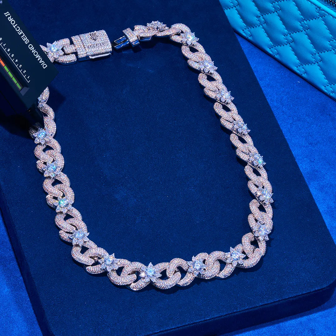 Moissanite 18MM Iced Out Flower Miami Cuban Link Chain - 925 Silver - D Colour - VVS1