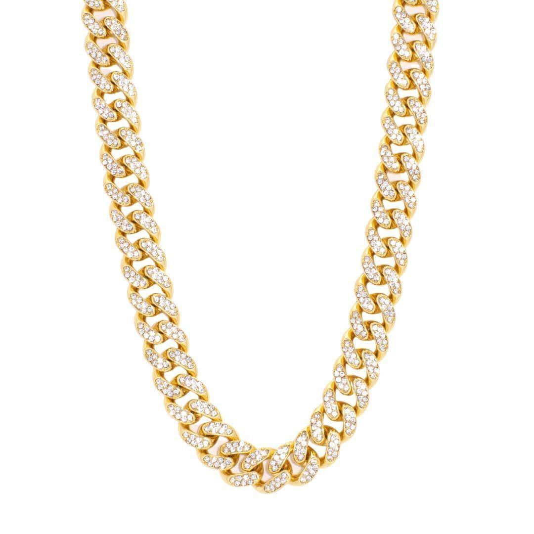 13mm gold Cuban chain with diamond simulant stones and PVD vacuum plated finish