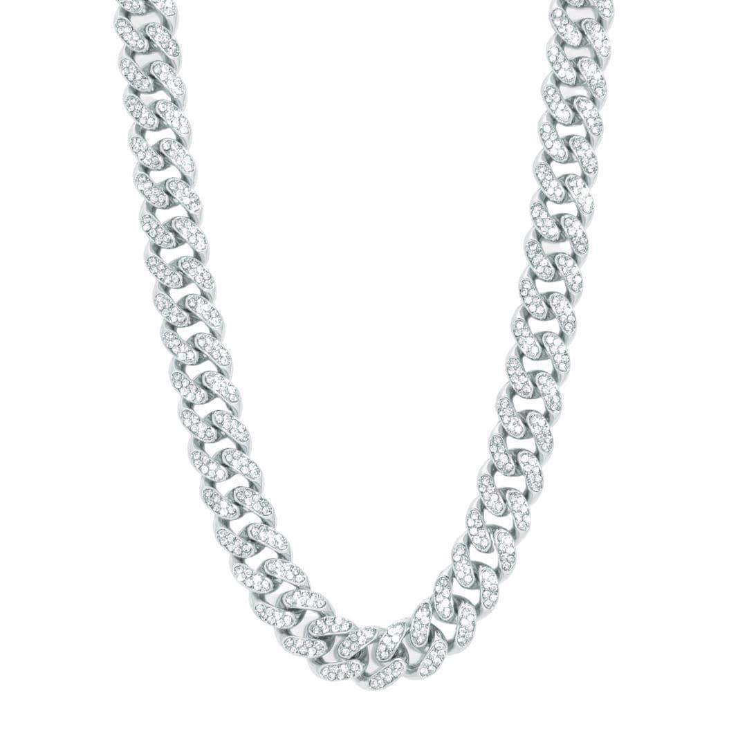 13mm Cuban Chain in White Gold with Flawless VS Diamond Simulants, 18K PVD Plated.