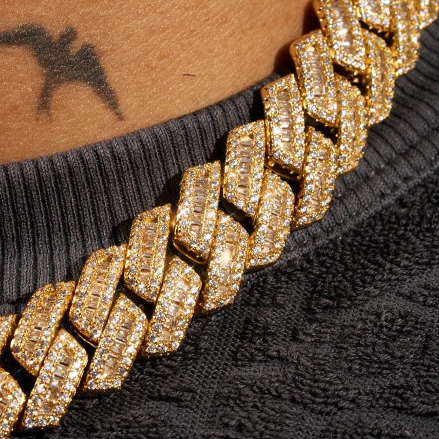 17MM BAGUETTE PRONG LINK MONACO CHAIN - GOLD