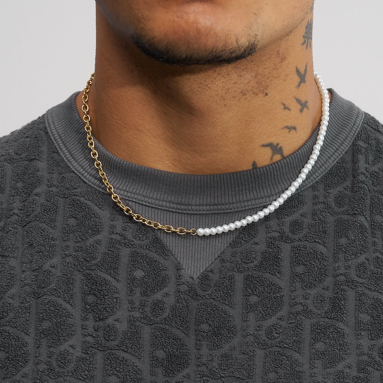 4mm Half Pearl & Cable Necklace - Gold (MENS)