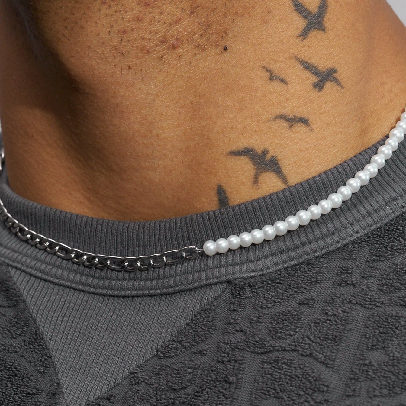 4mm Half Pearl & Figaro Necklace - White Gold
