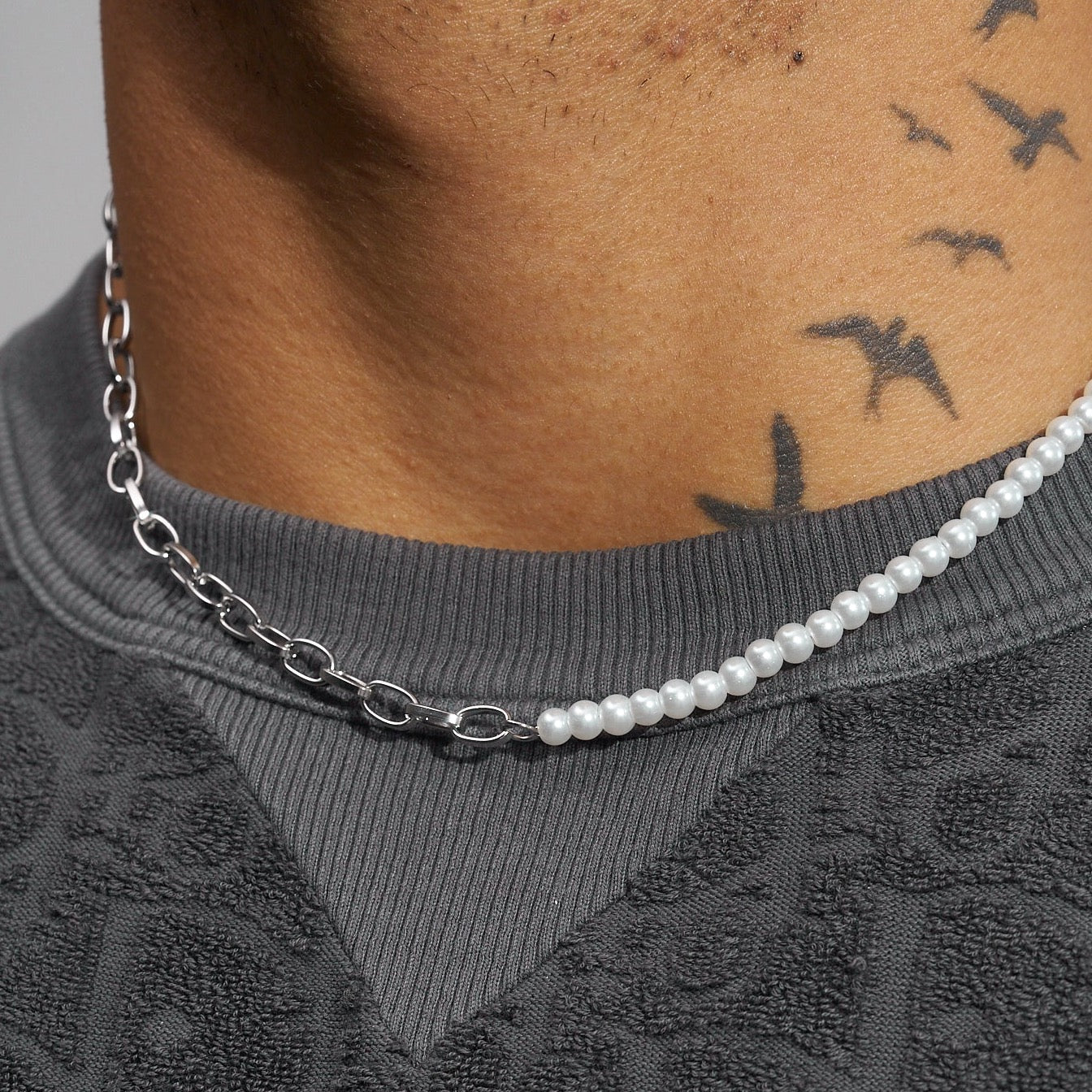 4mm Half Pearl & Large Rolo Necklace - White Gold