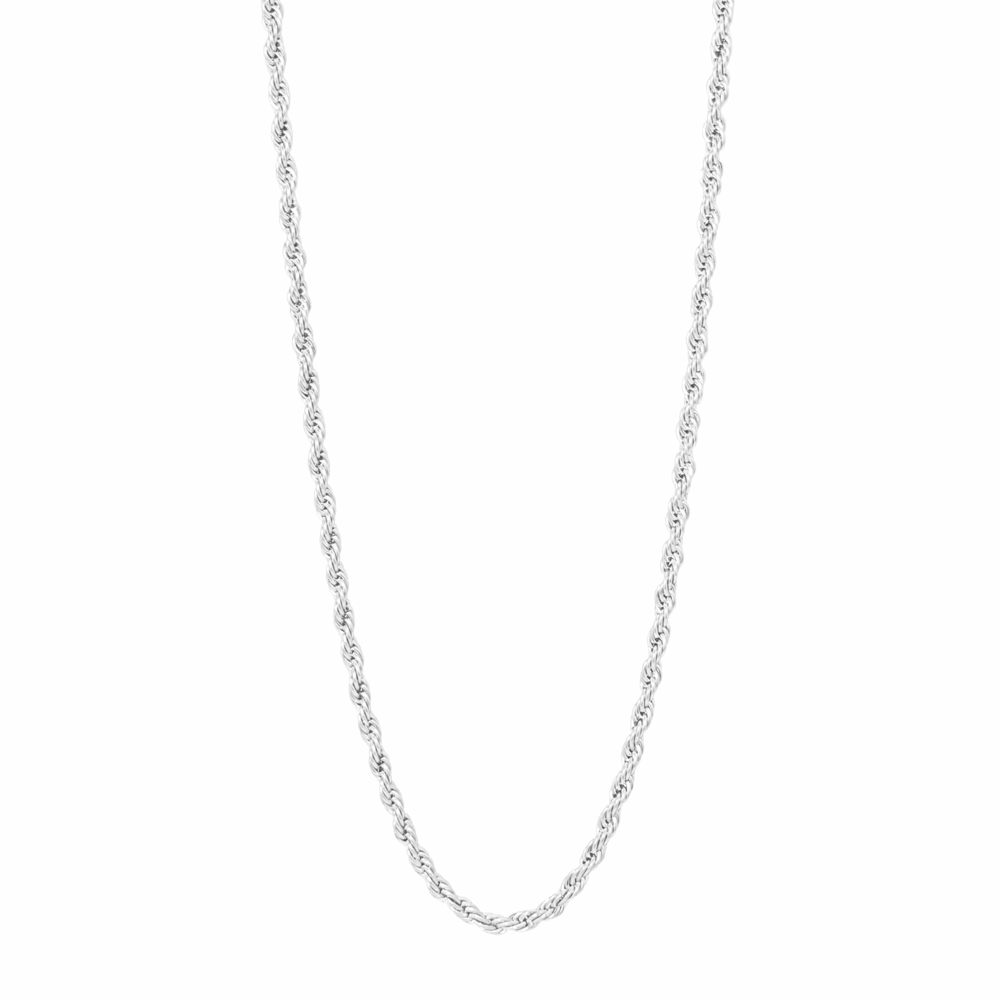 3mm white gold rope chain necklace against white background