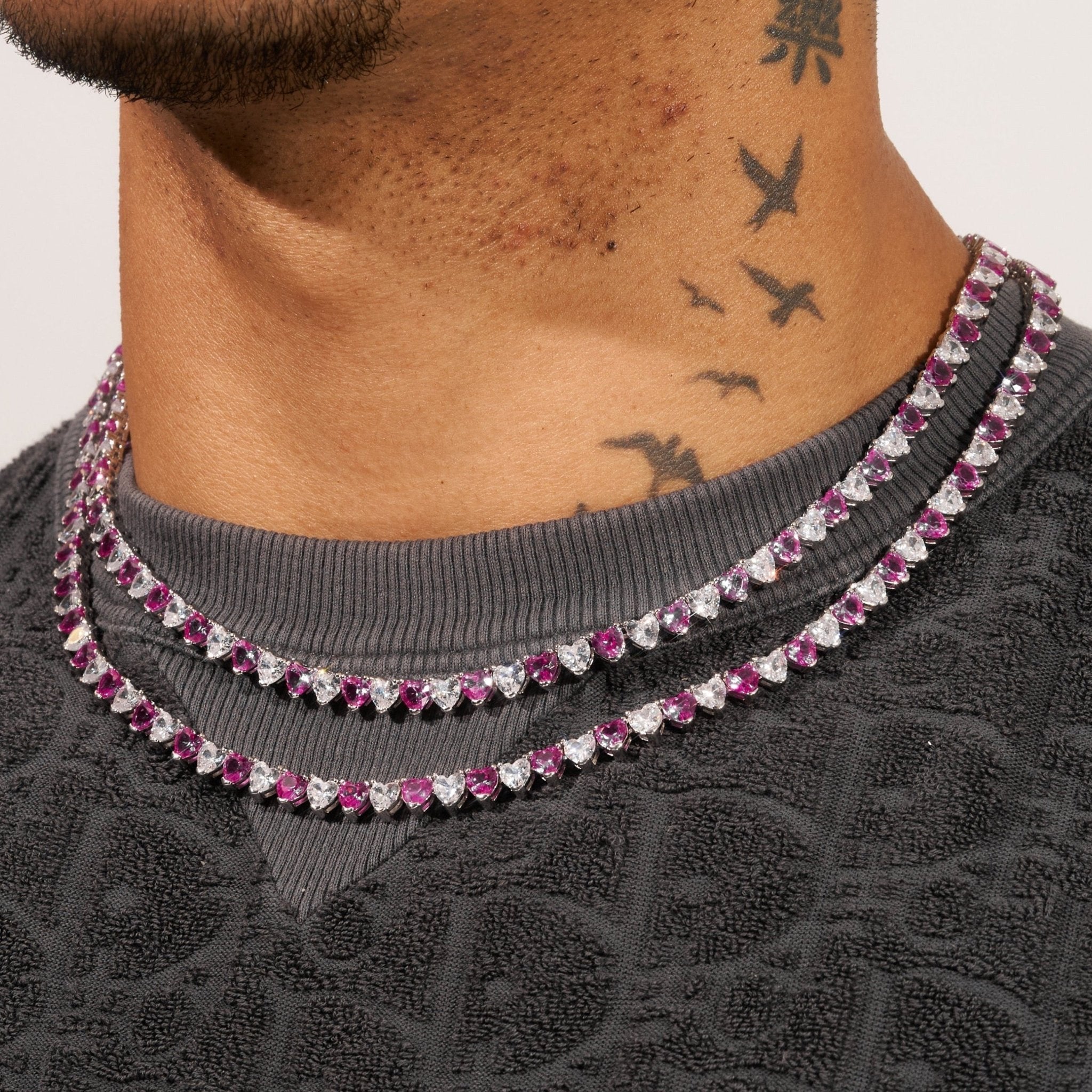 5mm WHITE & PINK HEART TENNIS CHAIN - WHITE GOLD