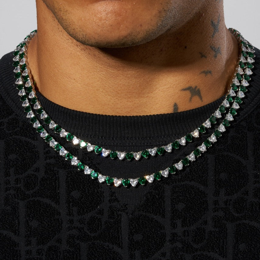 5mm Moissanite WHITE & GREEN HEART TENNIS CHAIN - 925 Silver - D Colour - VVS1