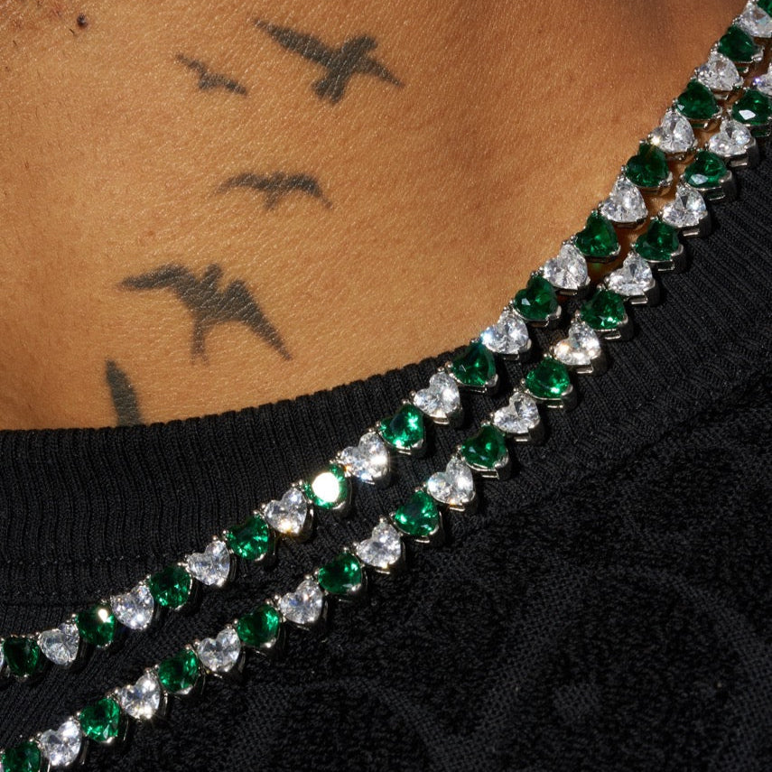 5mm WHITE & GREEN HEART TENNIS CHAIN - WHITE GOLD