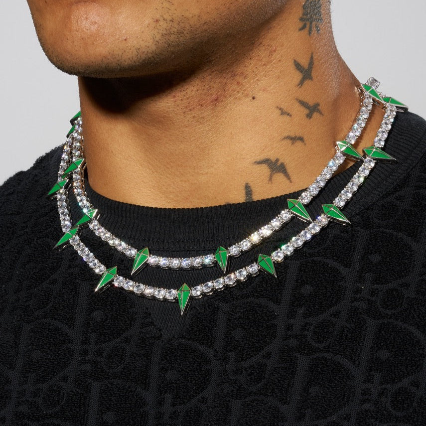 5mm Green Pave Spike Tennis Chain - White Gold