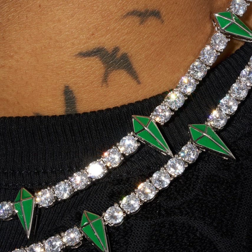 5mm Moissanite Green Pave Tennis Chain - 925 Silver - D Colour - VVS1