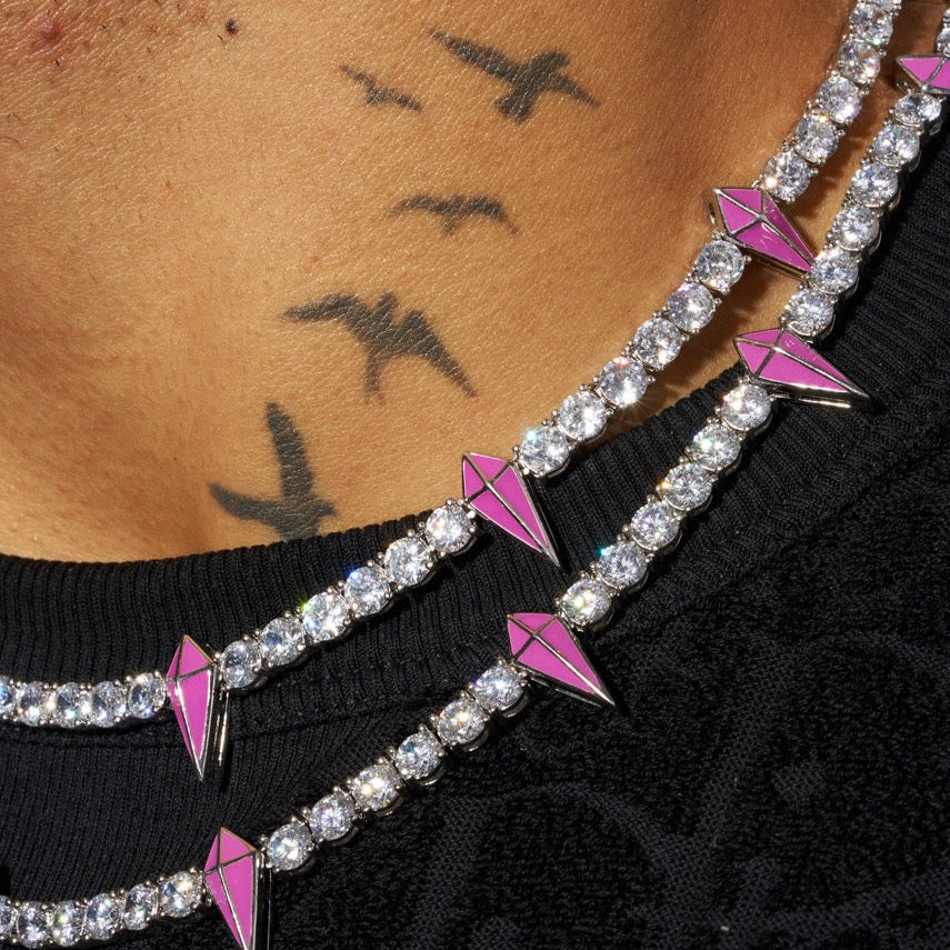 5mm Moissanite PINK PAVE SPIKE TENNIS CHAIN  - 925 Silver - D Colour - VVS1
