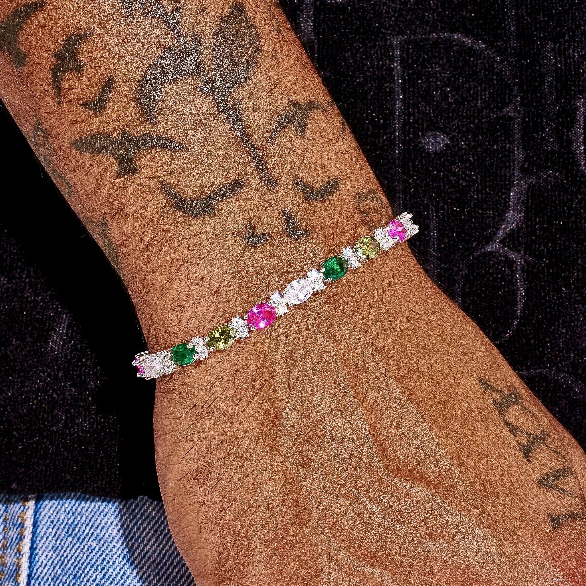 5MM Moissanite Multicolor Mixed Oval Cut Tennis Bracelet - 925 Silver - D Colour - VVS1