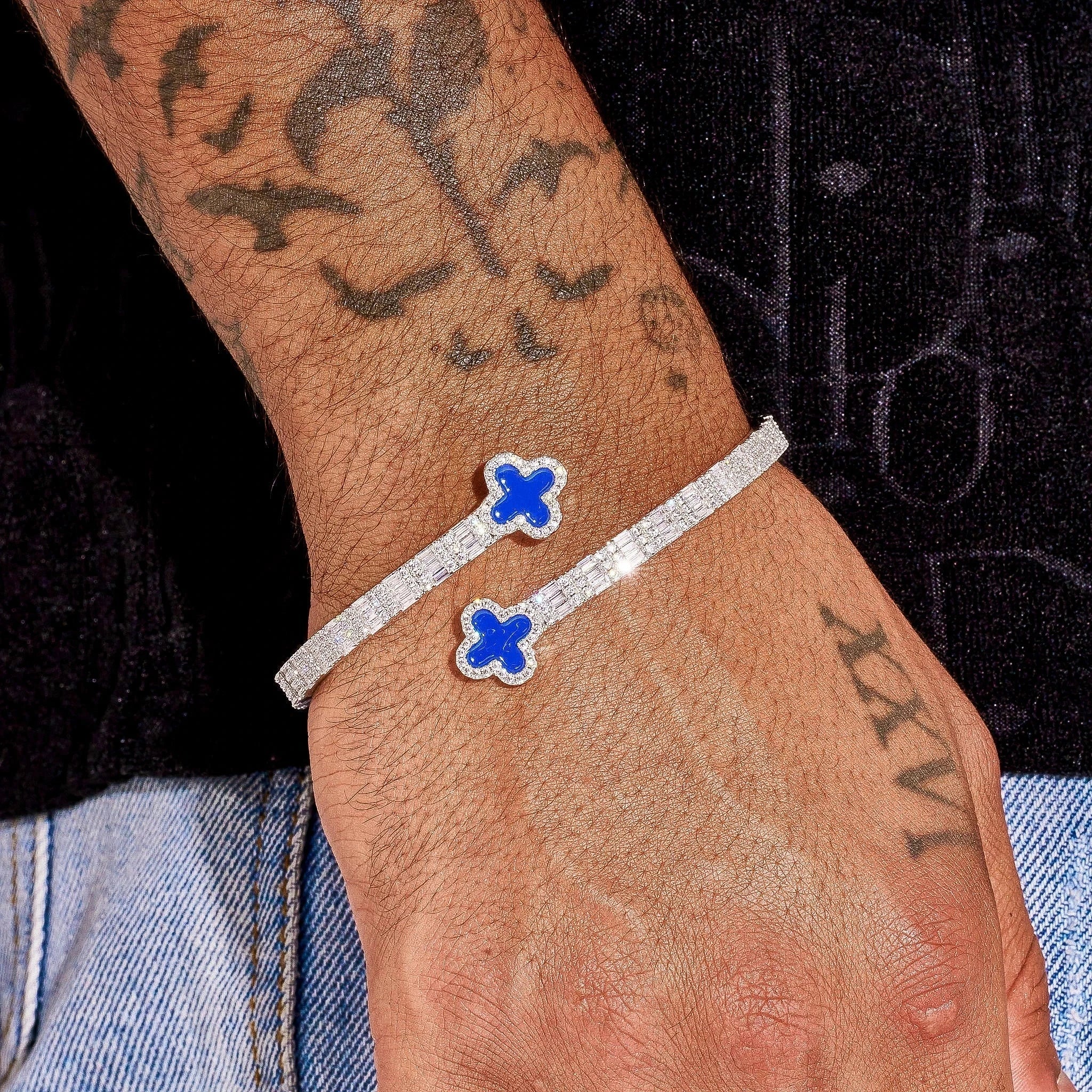 8MM Moissanite Blue Motif Baguette Bangle - 925 Silver - D Colour - VVS1