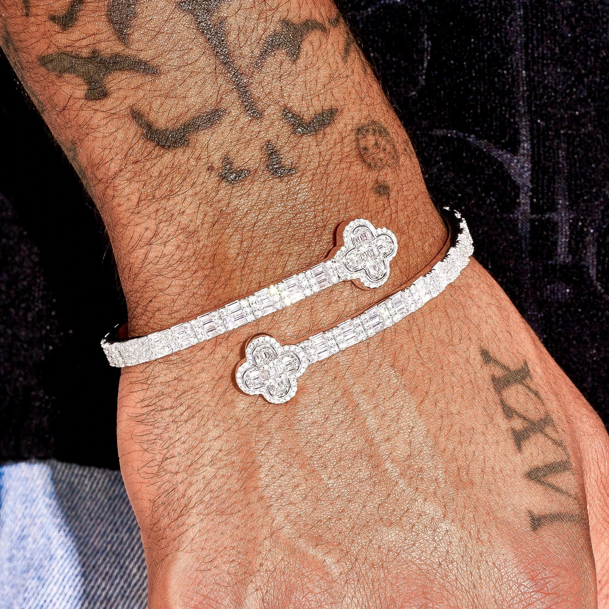 8MM Moissanite Iced Motif Baguette Bangle - 925 Silver - D Colour - VVS1
