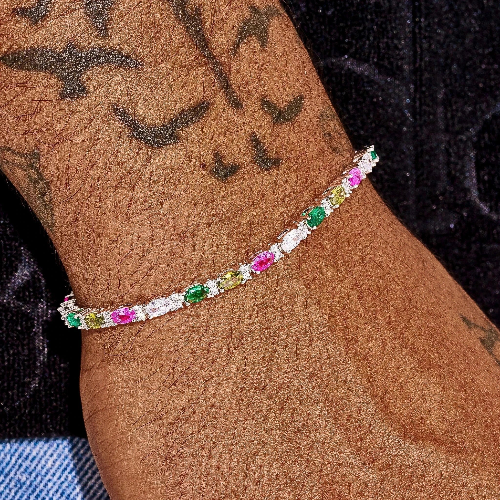 3MM Multicolor Mixed Oval Cut Tennis Bracelet - White Gold