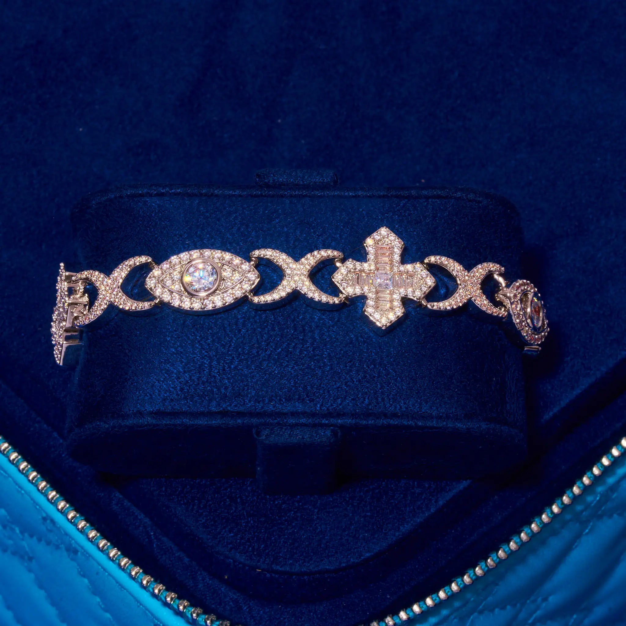 Baguette Cross Evil Eye Bracelet - White Gold