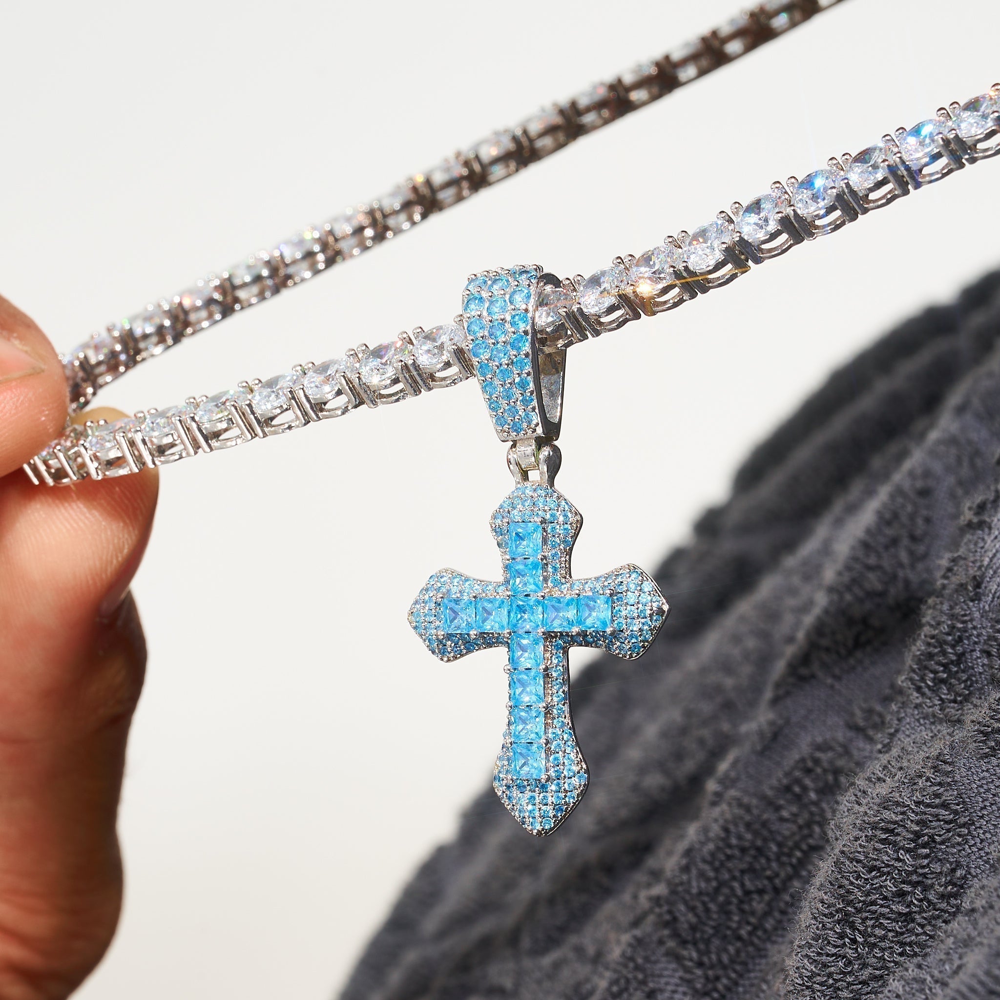 Blue Moissanite Celtic Cross Pendant - 925 Silver - D Colour - VVS1