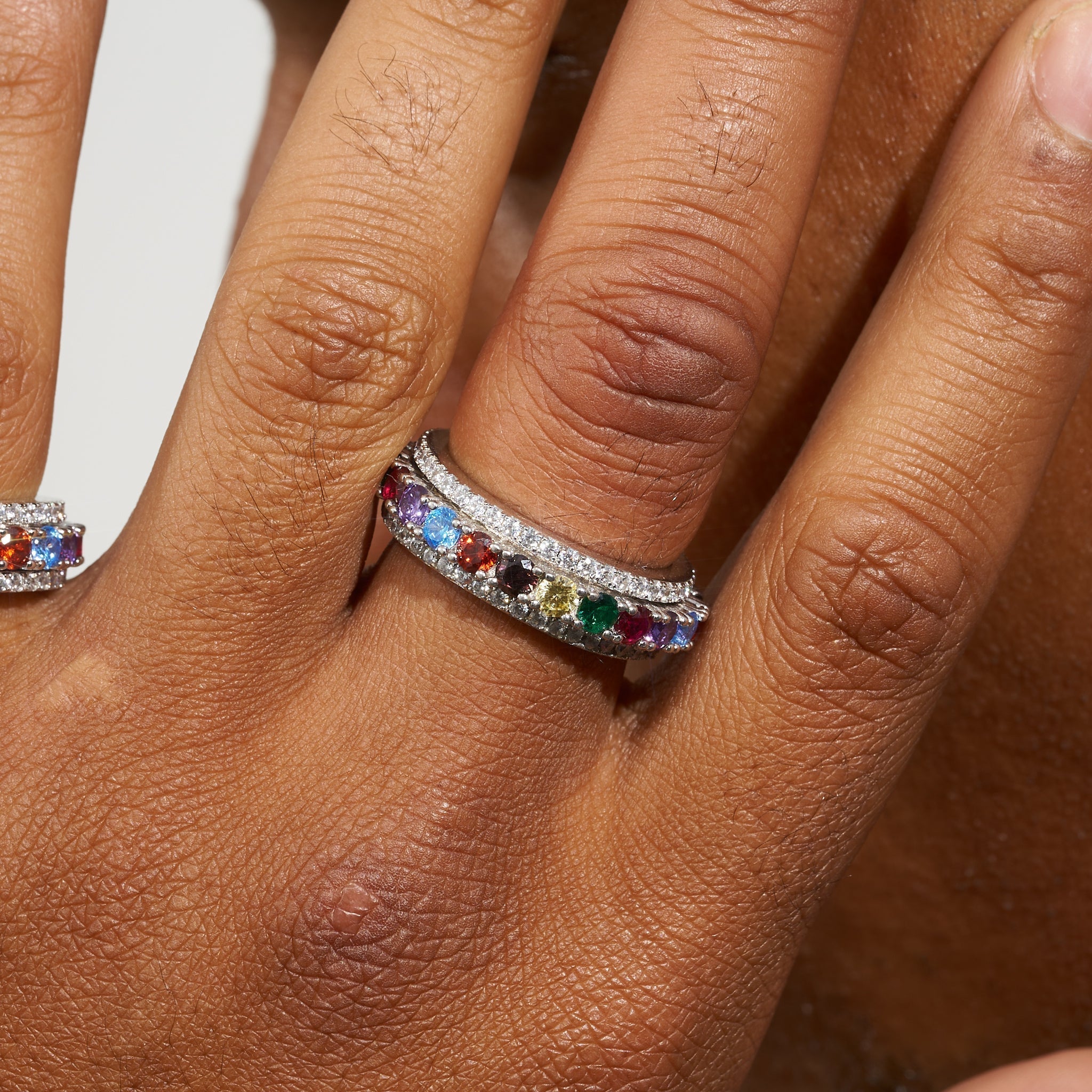 Multi-Colored Gemstone Moissanite Rotating Ring - 925 Silver - D Color - VVS1