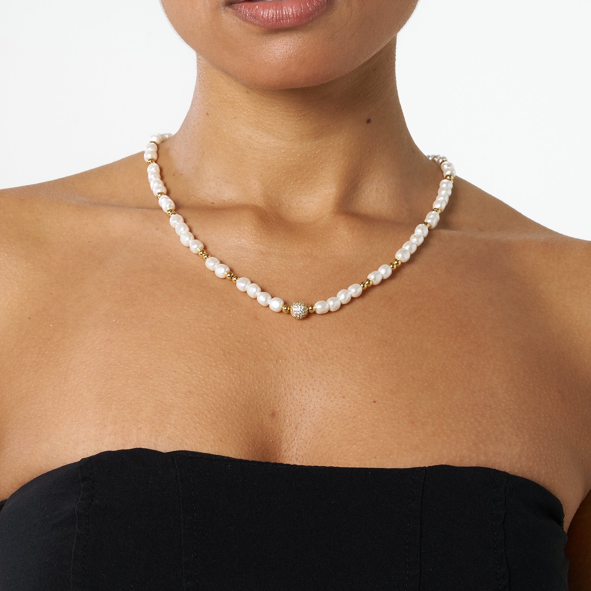 5mm Iced Beaded Pearl Necklace - Gold