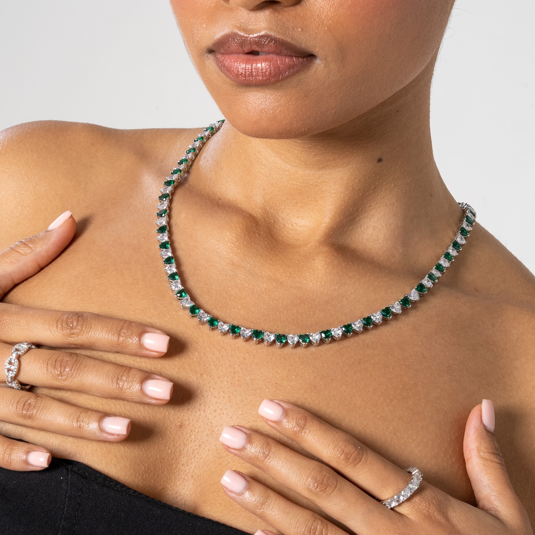 5mm WHITE & GREEN HEART TENNIS CHAIN - WHITE GOLD