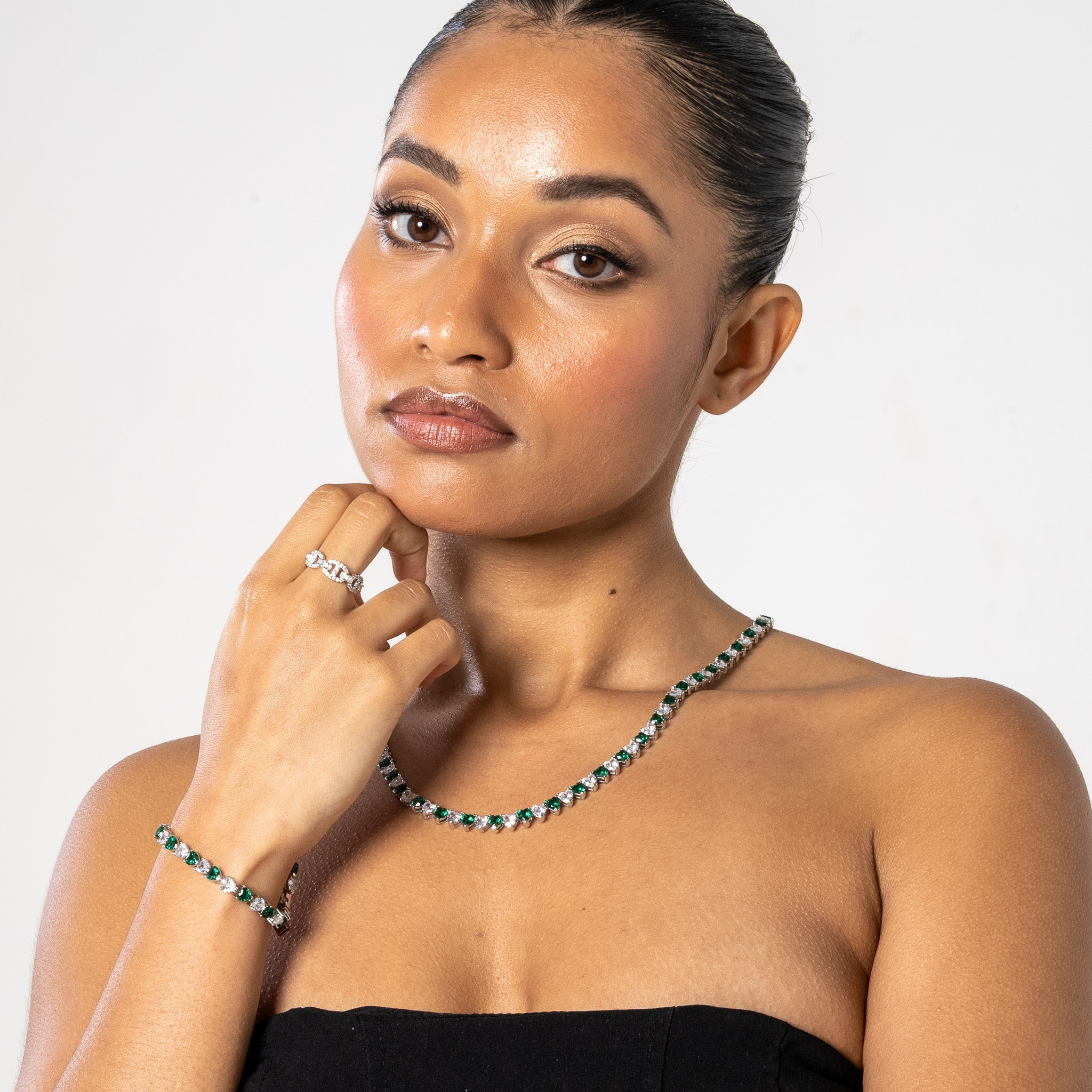 5mm WHITE & GREEN HEART TENNIS CHAIN - WHITE GOLD