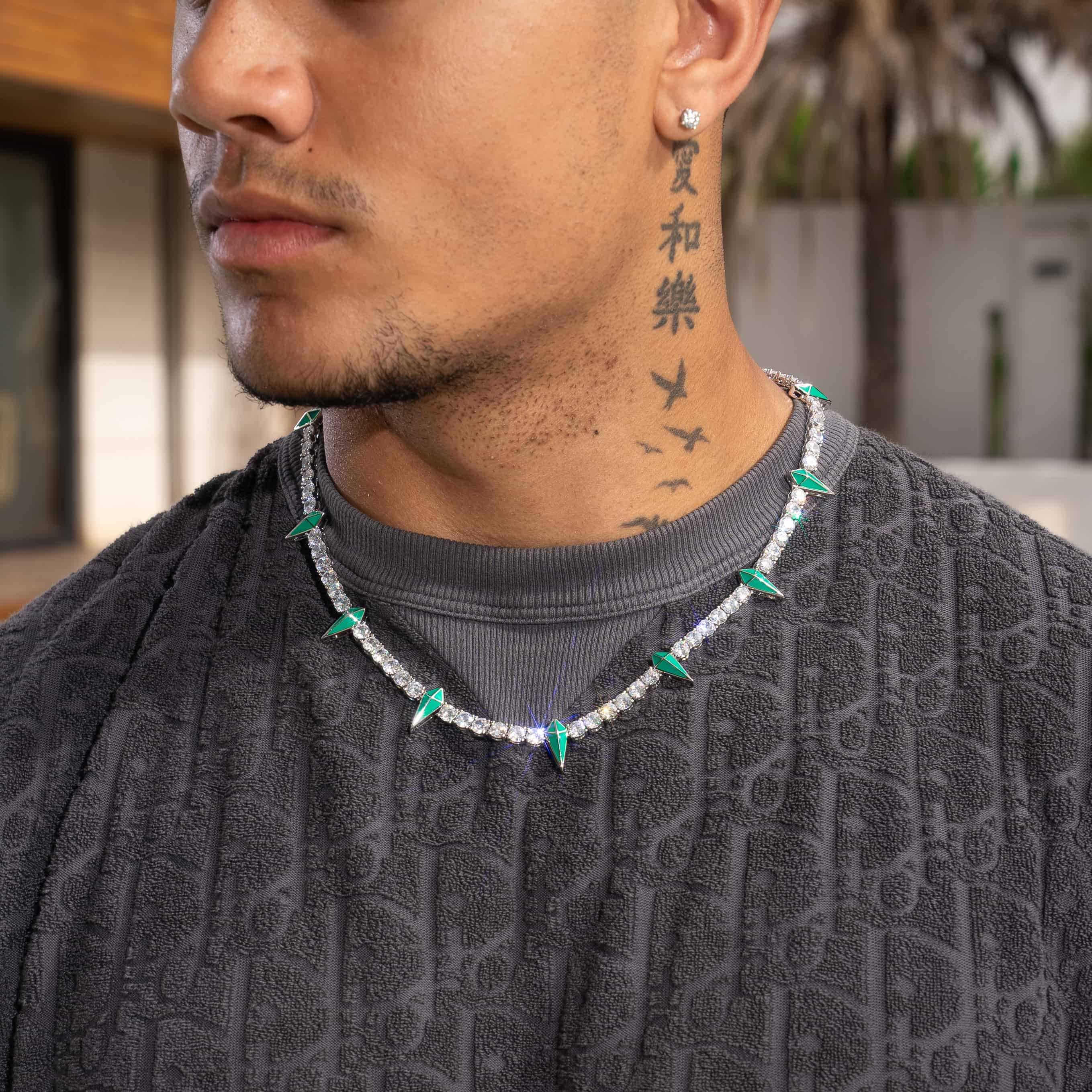 5mm Green Pave Spike Tennis Chain - White Gold