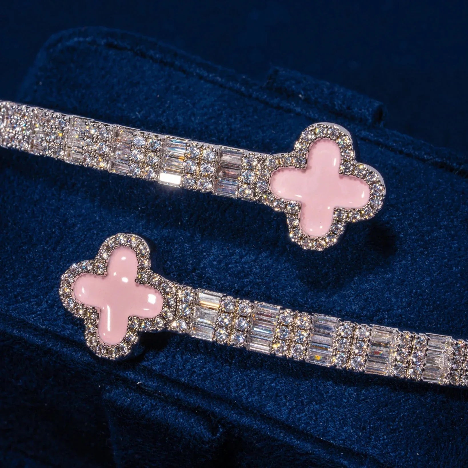 8MM Moissanite Pink Motif Baguette Bangle - 925 Silver - D Colour - VVS1