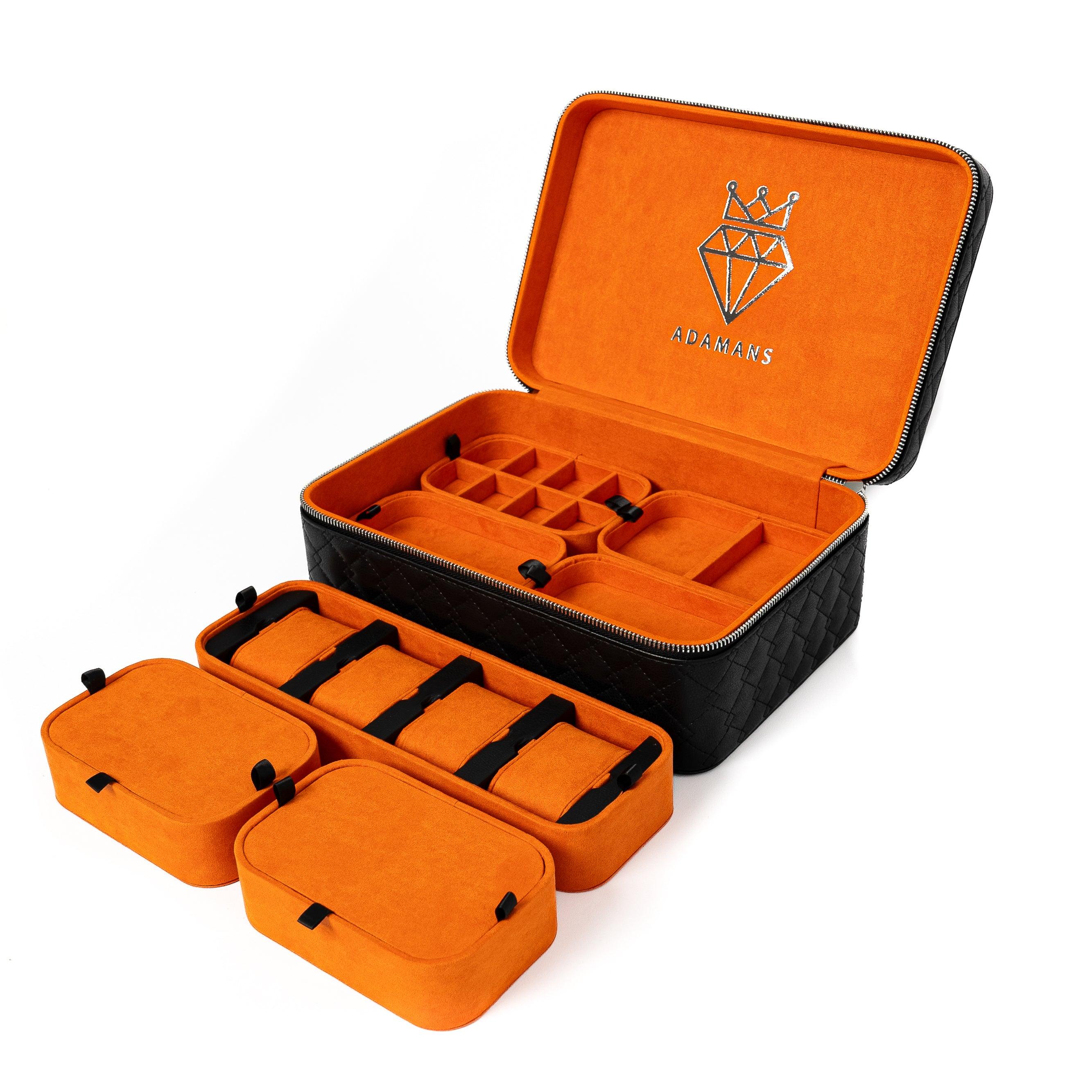 Leather Travel Jewelry Case - Jet Black & Orange
