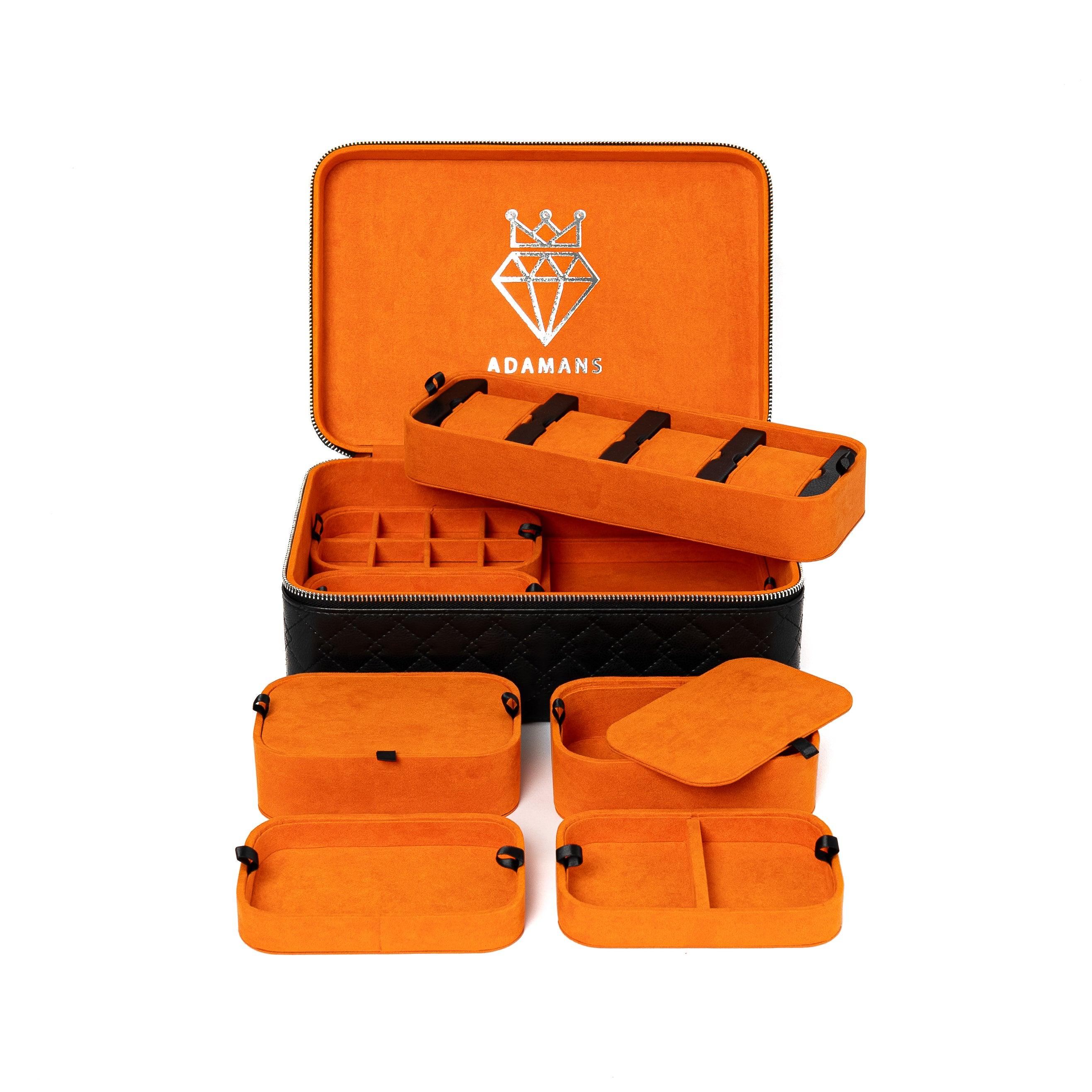 Leather Travel Jewelry Case - Jet Black & Orange