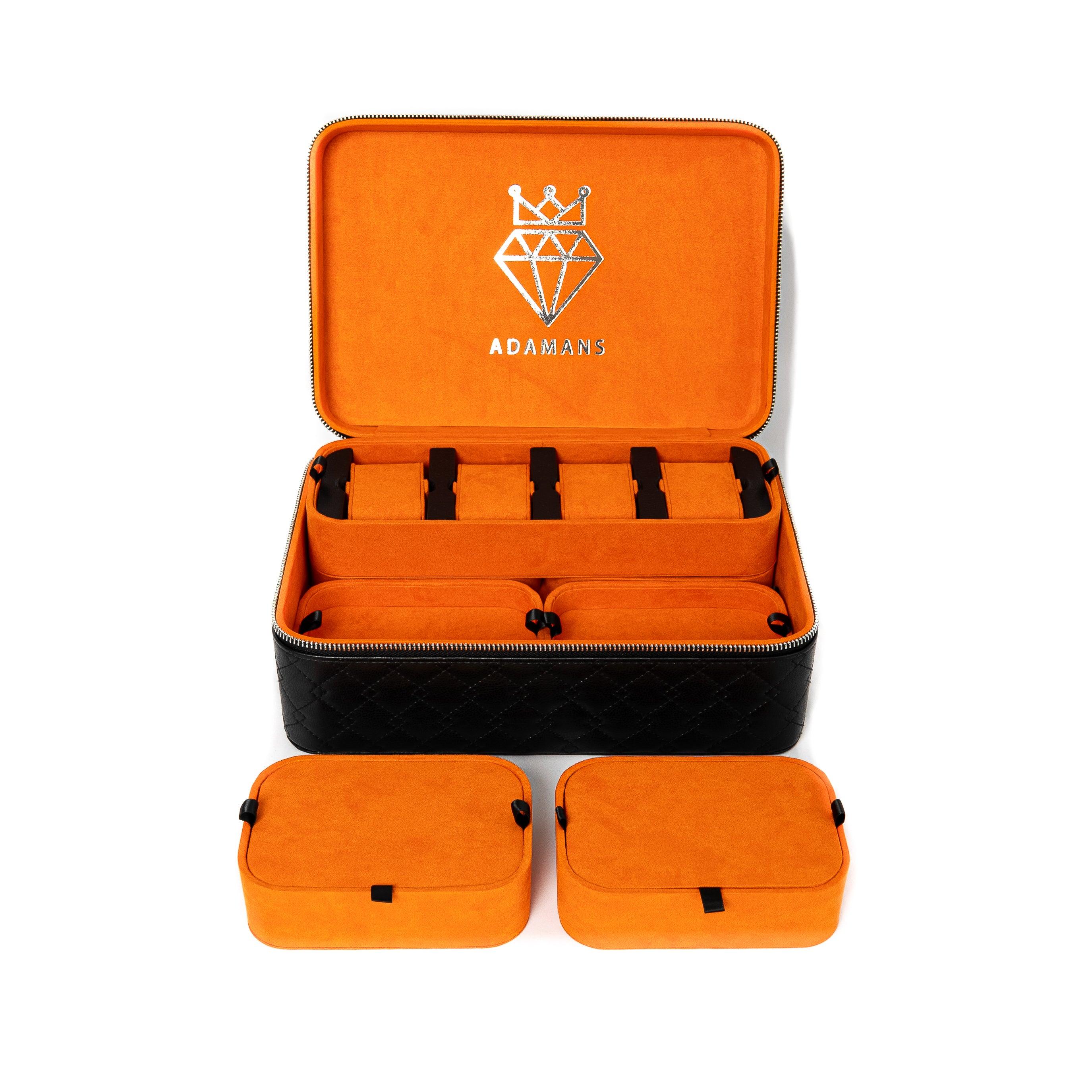 Leather Travel Jewelry Case - Jet Black & Orange