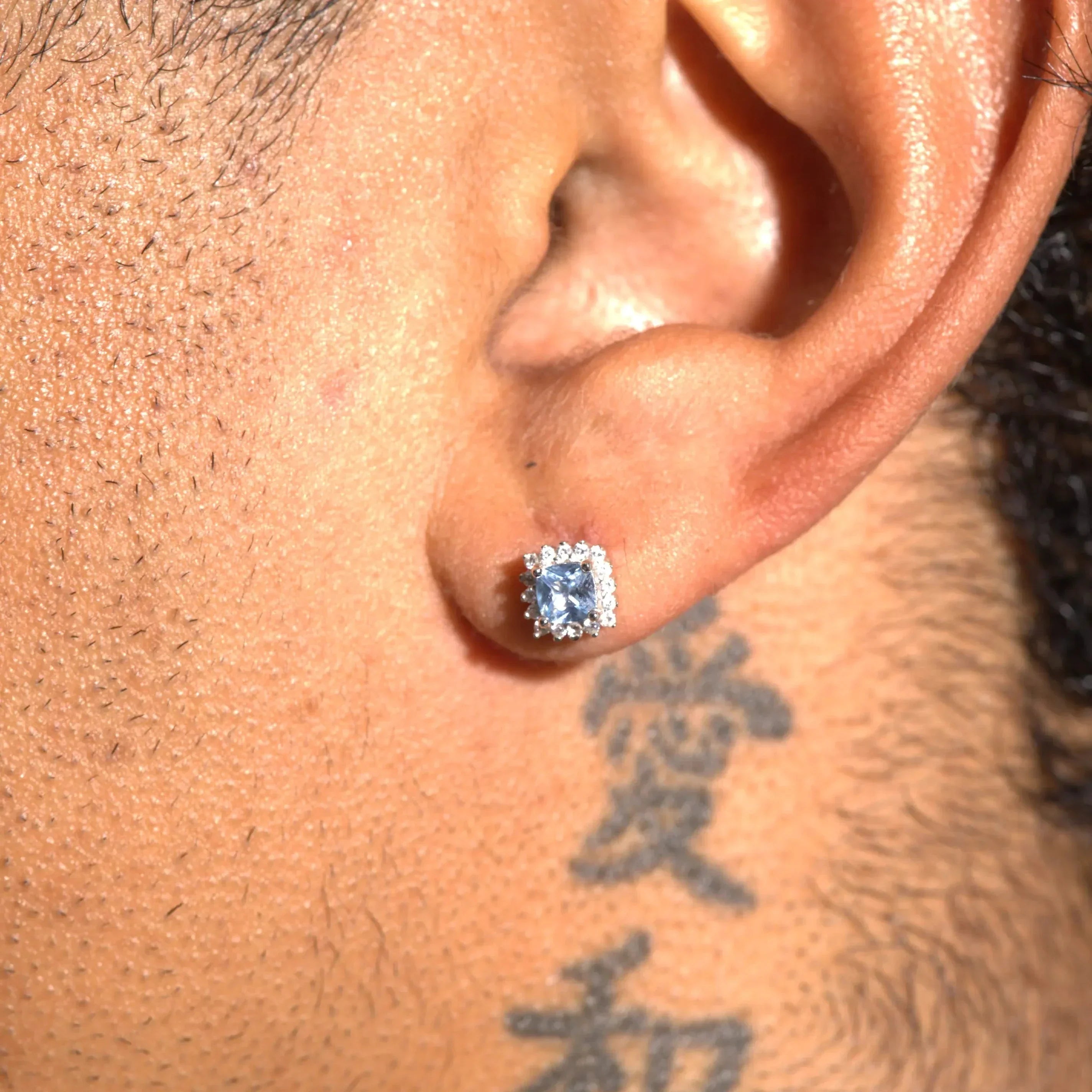 Moissanite 7MM Iced Square Cluster Earring - Blue - 925 Silver - D Colour - VVS1