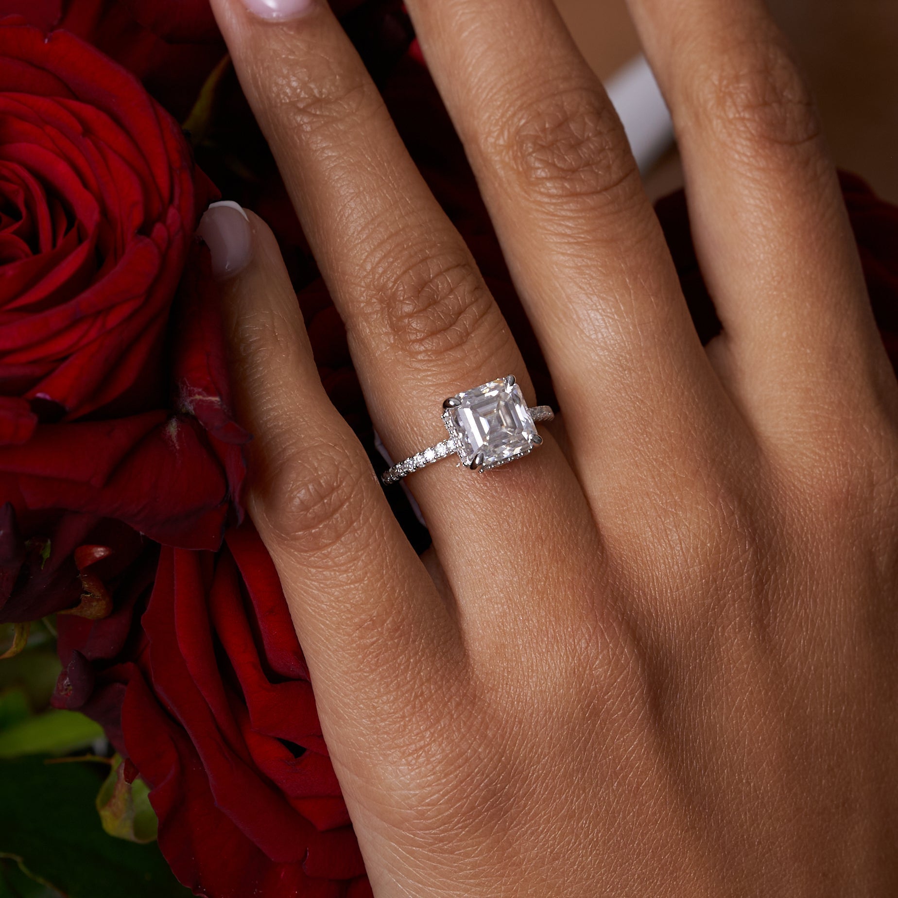Princess Cut Solitare Pavé Band Engagement Ring
