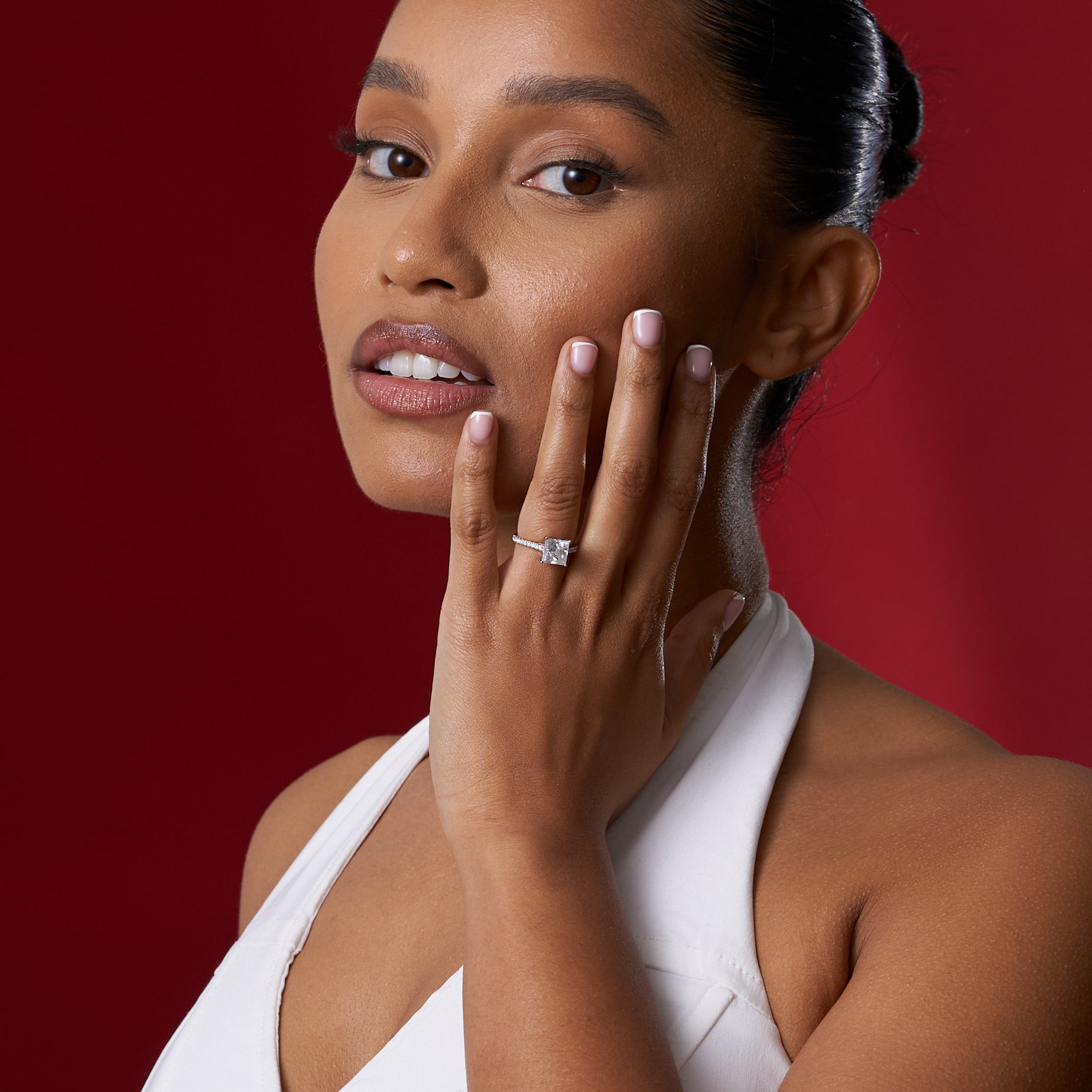 Princess Cut Solitare Pavé Band Moissanite Engagement Ring